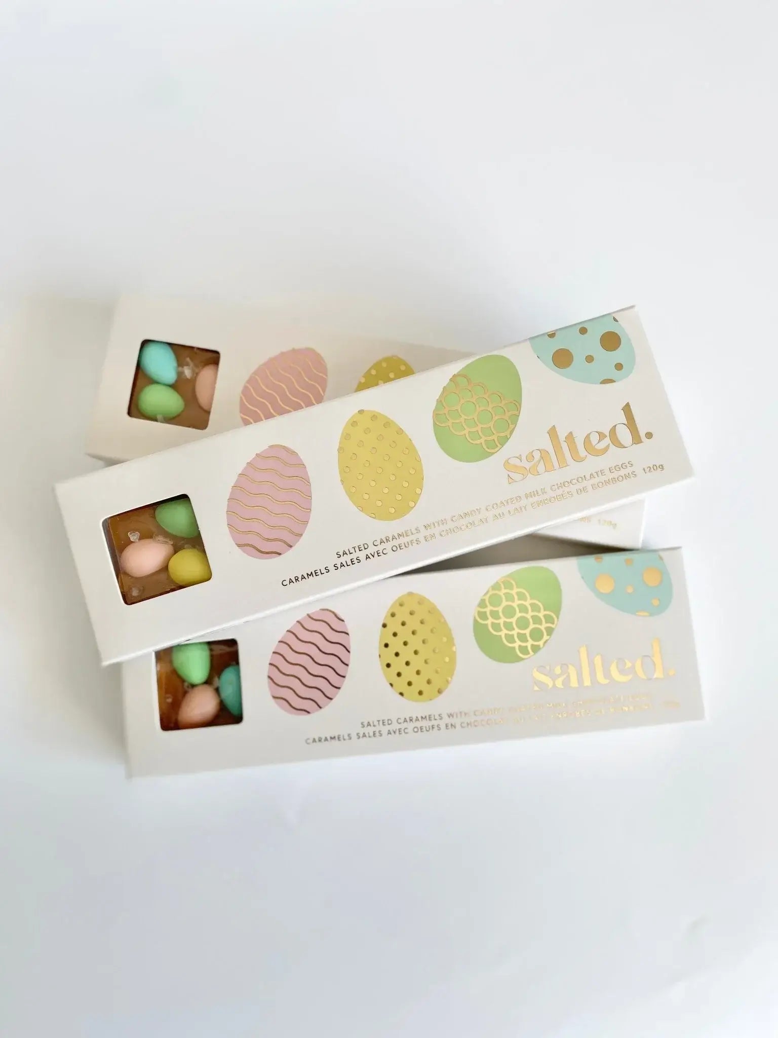 Easter Egg Salted Caramel - 4 piece box featuring colorful candy-coated chocolates.