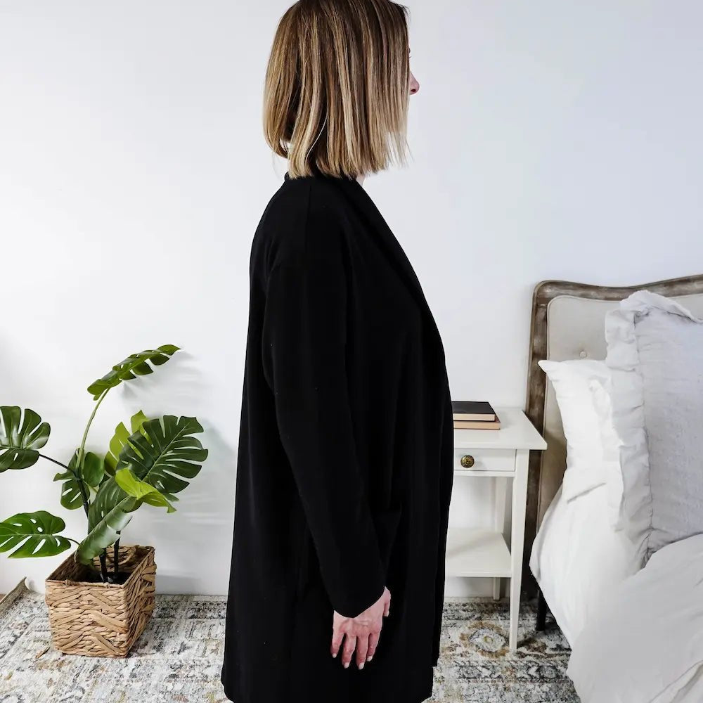 Miranda Nic Elevate Classic Cardigan black open front long length deep pockets collared— Cloud Nine Pajamas