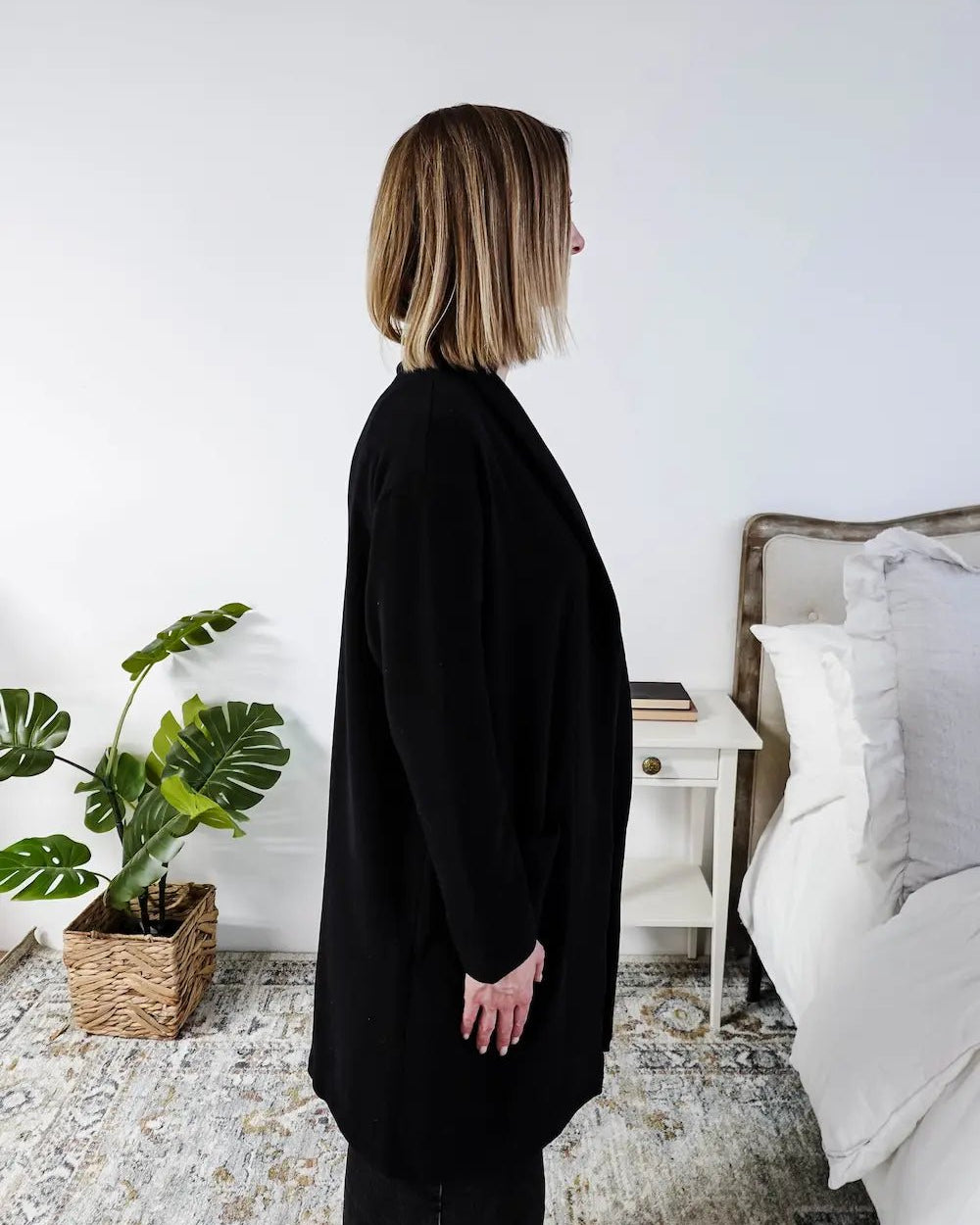 Miranda Nic Elevate Classic Cardigan black open front long length deep pockets collared— Cloud Nine Pajamas