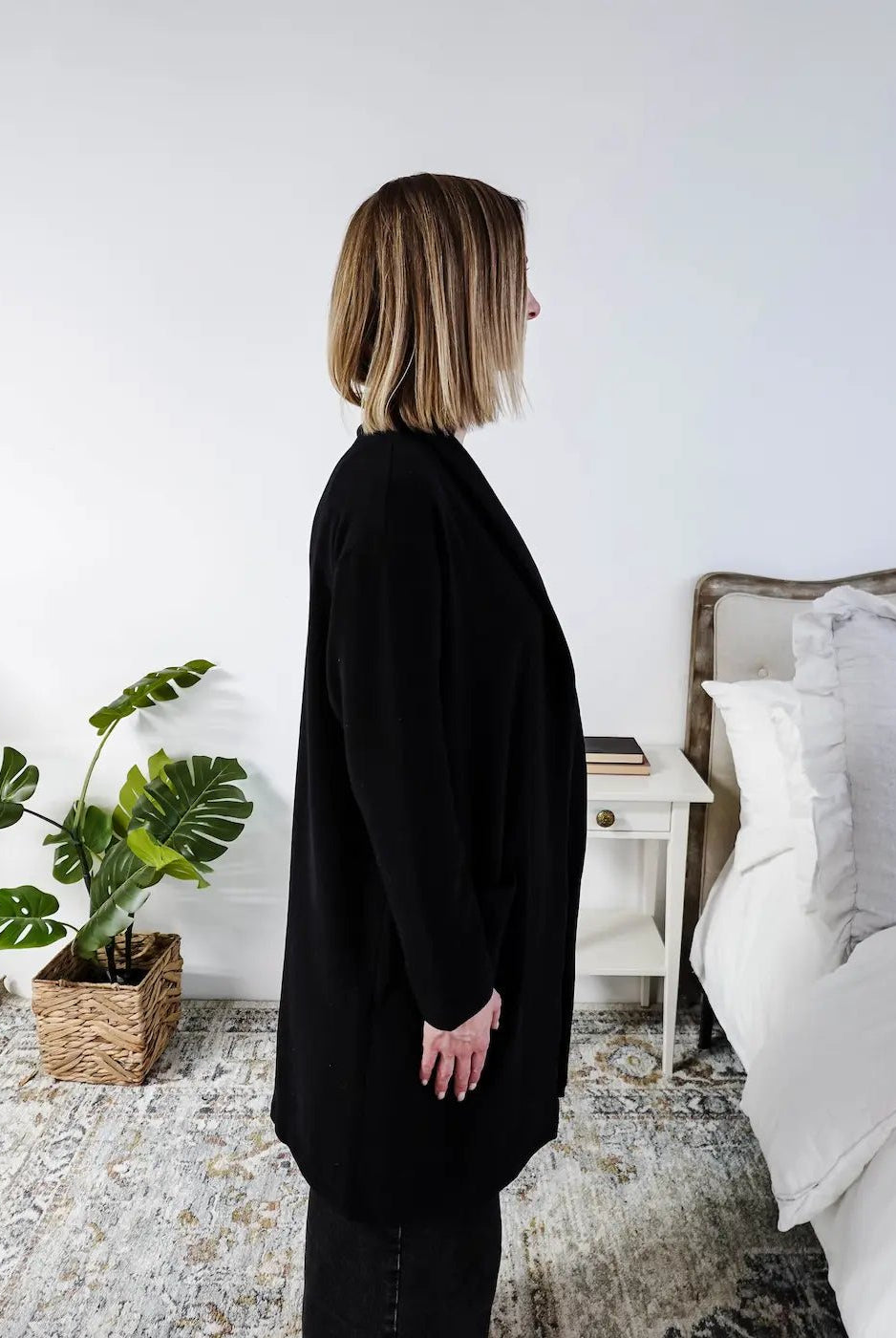 Miranda Nic Elevate Classic Cardigan black open front long length deep pockets collared— Cloud Nine Pajamas