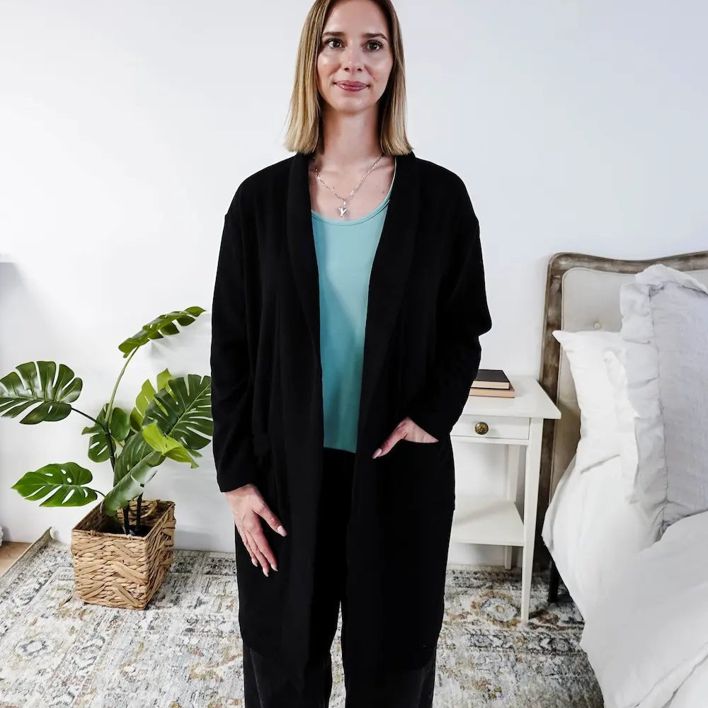 Miranda Nic Elevate Classic Cardigan black open front long length deep pockets collared— Cloud Nine Pajamas