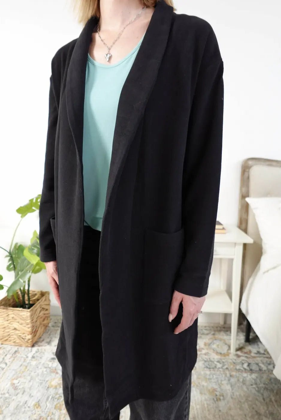 Miranda Nic Elevate Classic Cardigan black open front long length deep pockets collared— Cloud Nine Pajamas