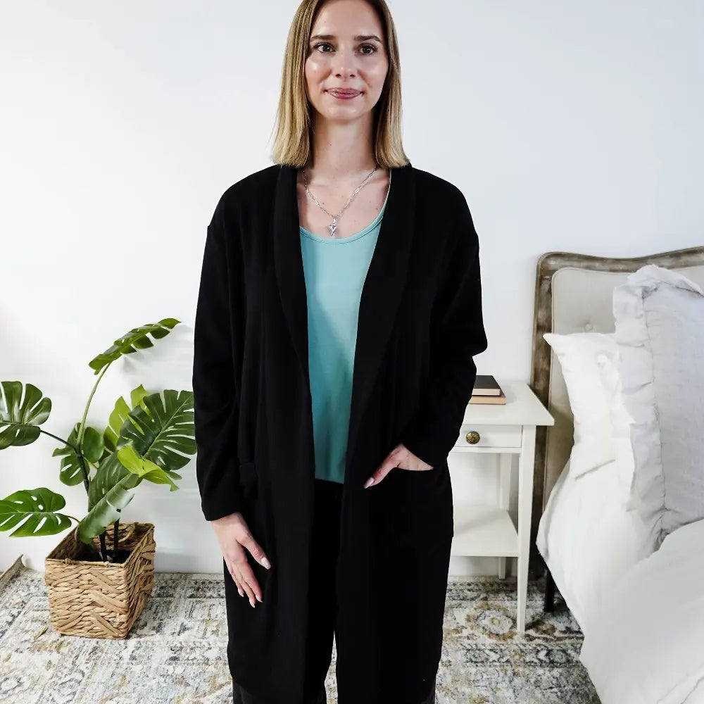 Miranda Nic Elevate Classic Cardigan black open front long length deep pockets collared— Cloud Nine Pajamas