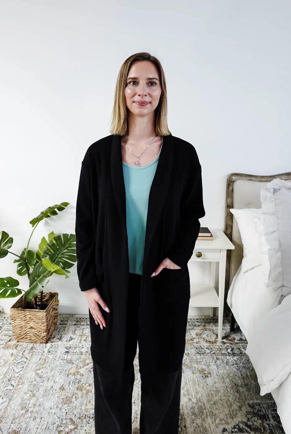 Miranda Nic Elevate Classic Cardigan black open front long length deep pockets collared— Cloud Nine Pajamas