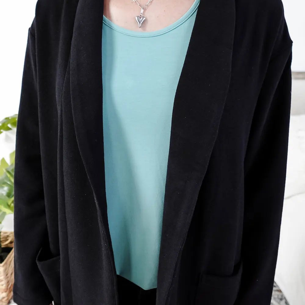 Miranda Nic Elevate Classic Cardigan black open front long length deep pockets collared— Cloud Nine Pajamas