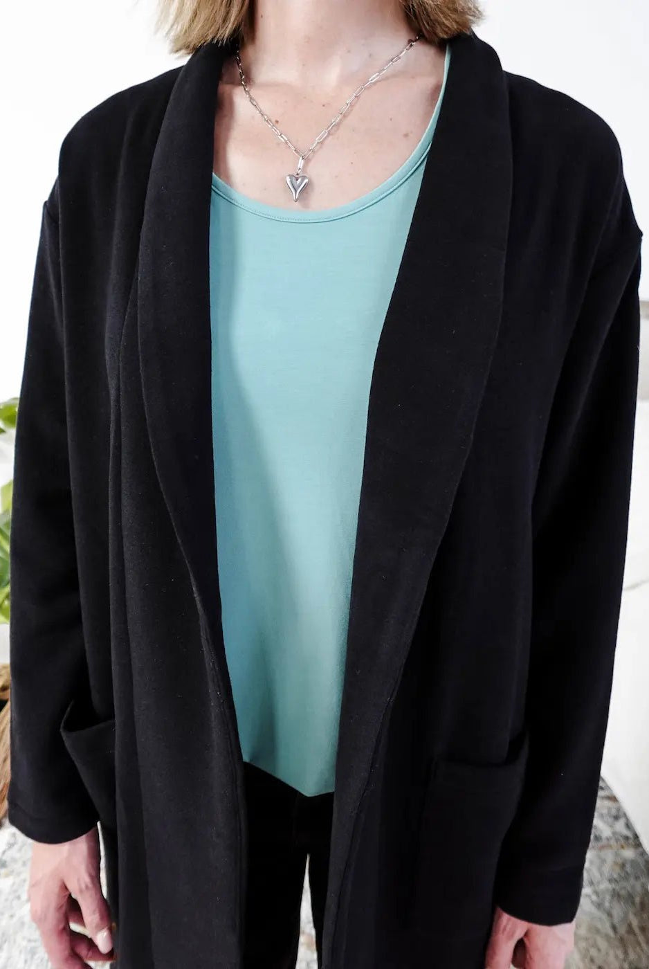 Miranda Nic Elevate Classic Cardigan black open front long length deep pockets collared— Cloud Nine Pajamas