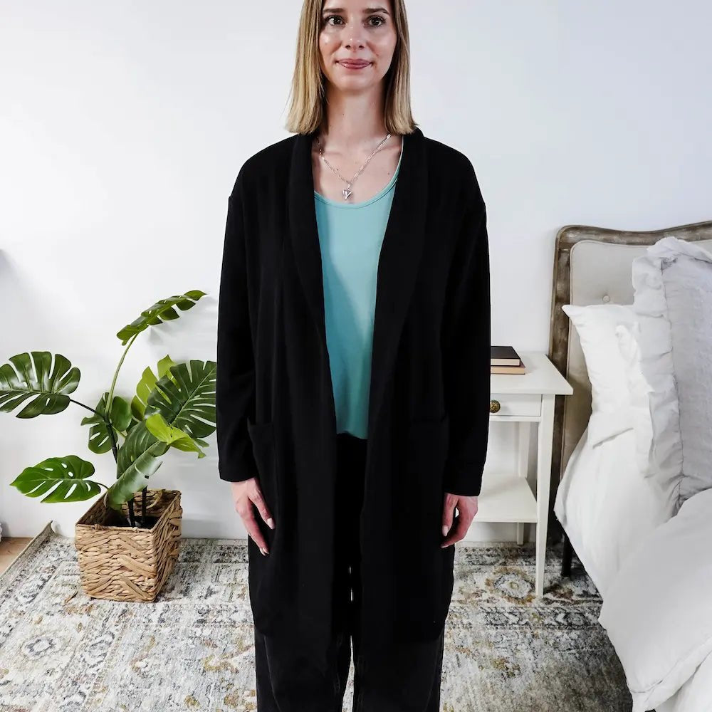 Miranda Nic Elevate Classic Cardigan black open front long length deep pockets collared— Cloud Nine Pajamas