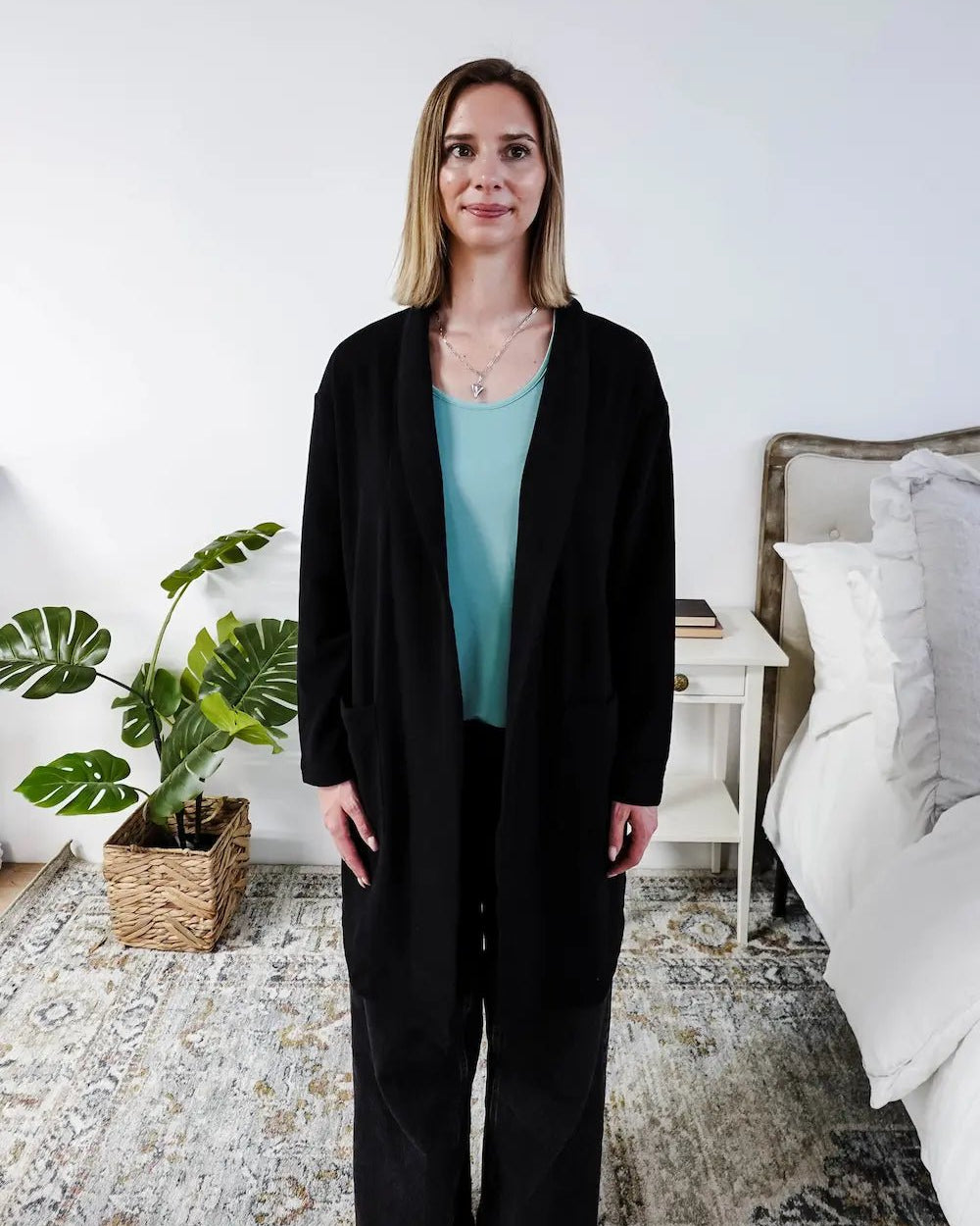 Miranda Nic Elevate Classic Cardigan black open front long length deep pockets collared— Cloud Nine Pajamas