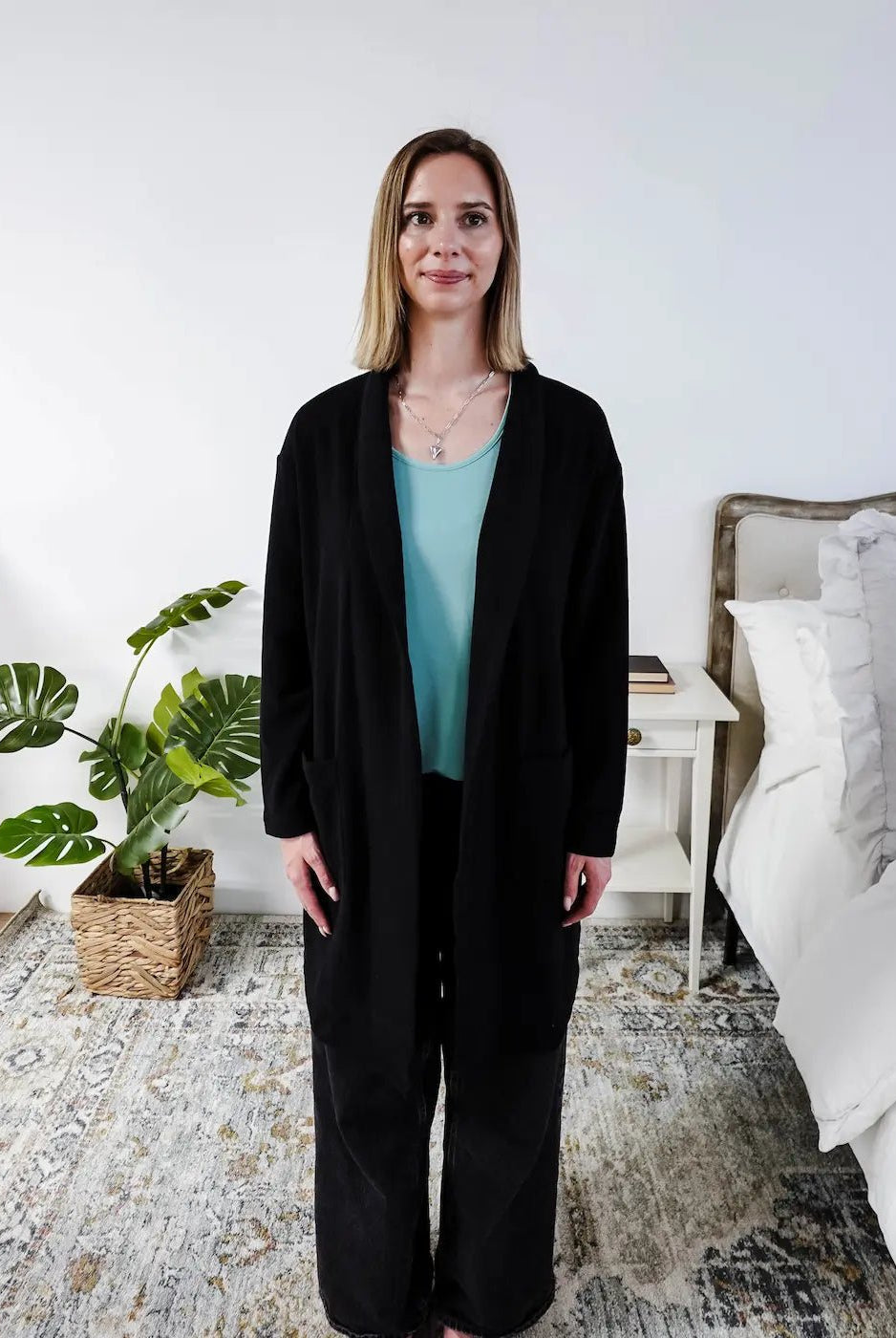 Miranda Nic Elevate Classic Cardigan black open front long length deep pockets collared— Cloud Nine Pajamas