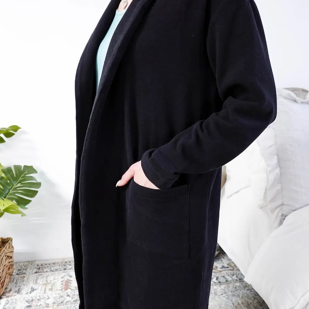 Miranda Nic Elevate Classic Cardigan black open front long length deep pockets collared— Cloud Nine Pajamas