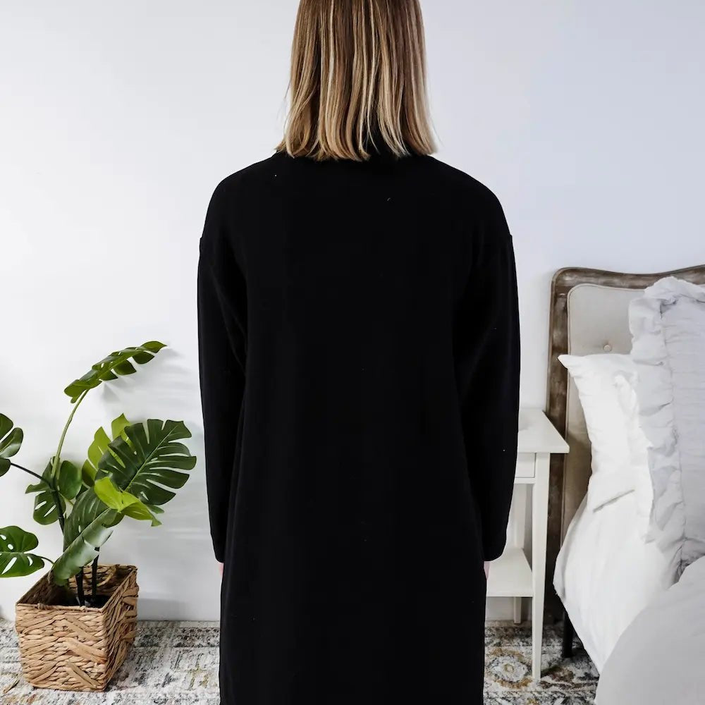 Miranda Nic Elevate Classic Cardigan black open front long length deep pockets collared— Cloud Nine Pajamas