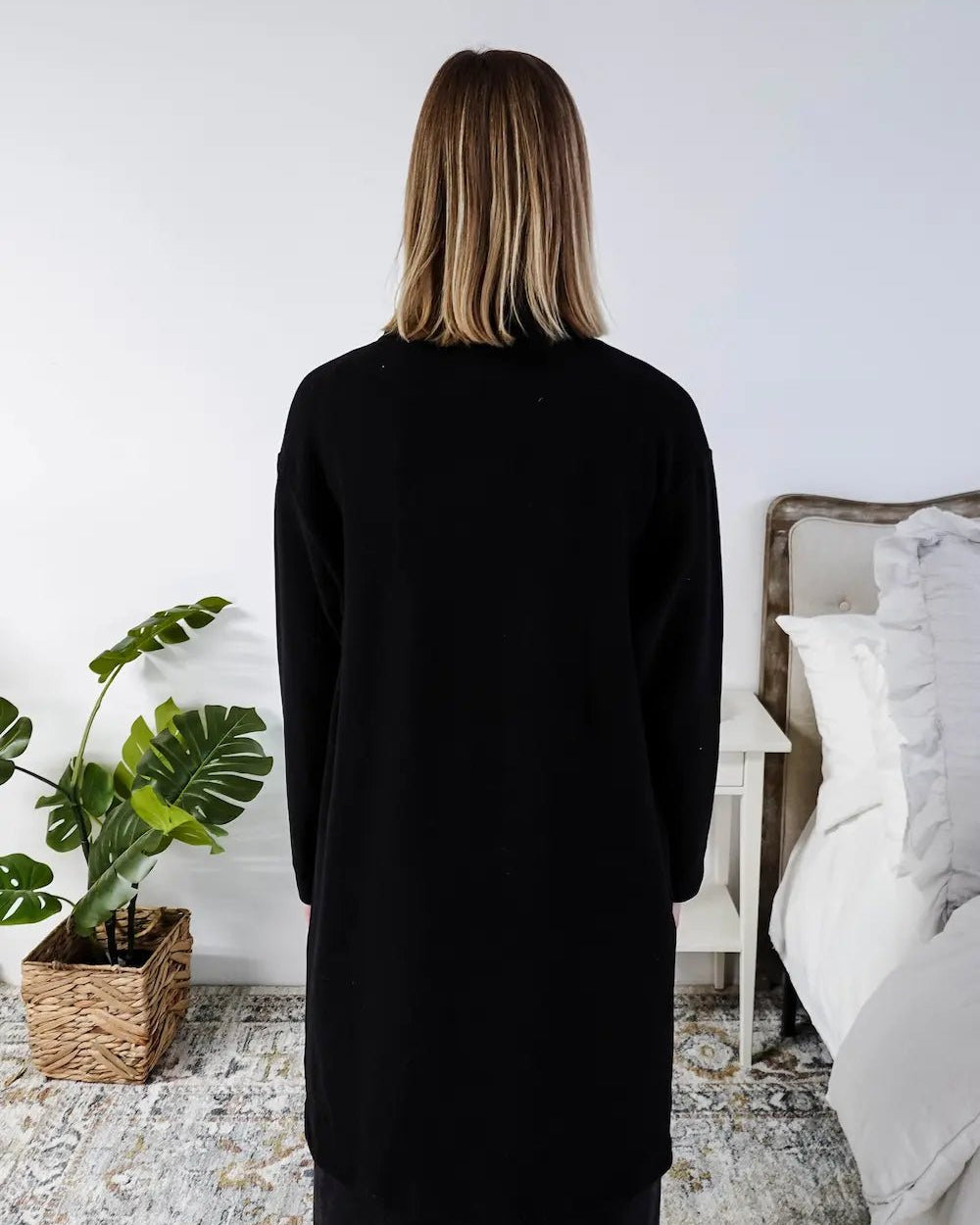 Miranda Nic Elevate Classic Cardigan black open front long length deep pockets collared— Cloud Nine Pajamas