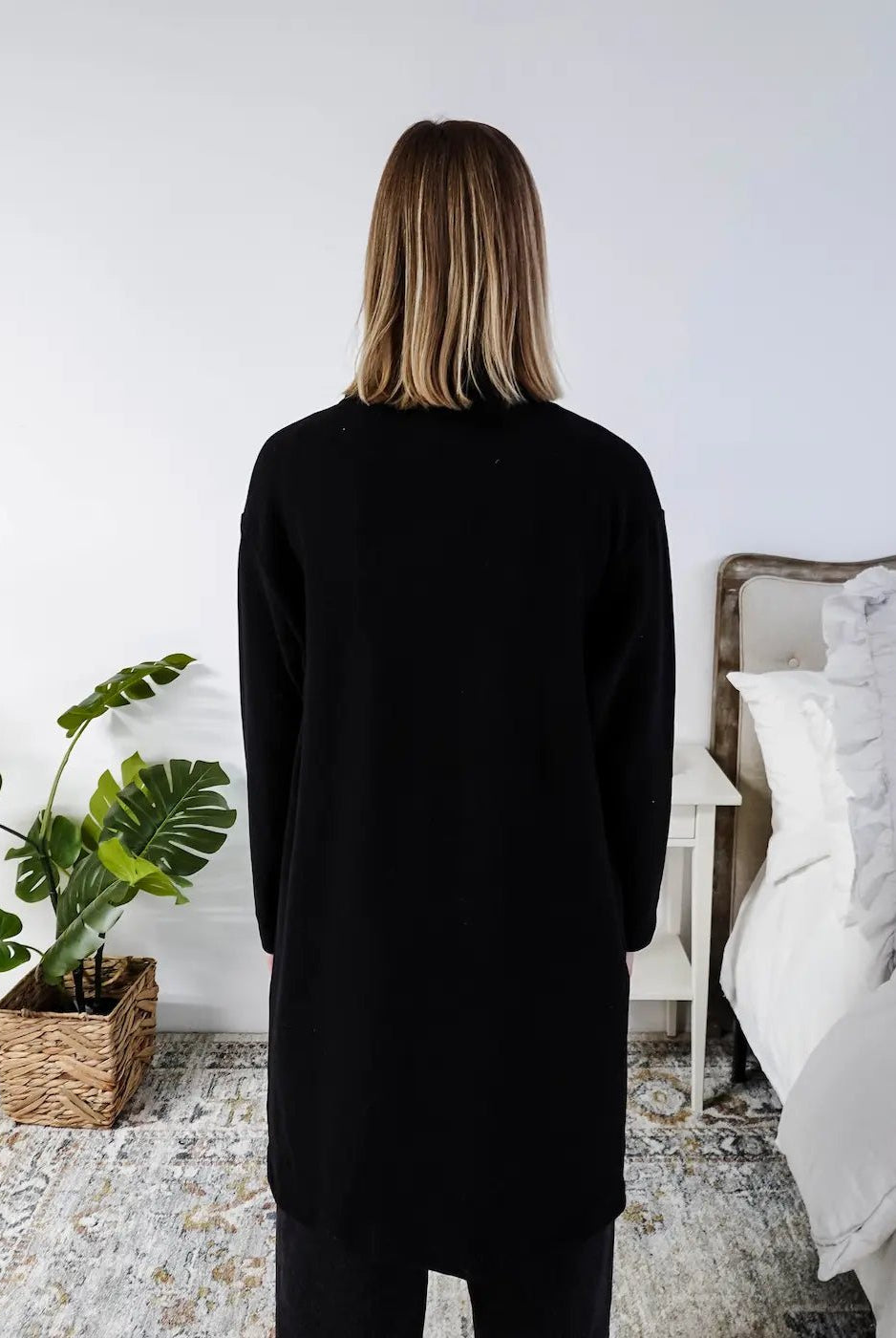Miranda Nic Elevate Classic Cardigan black open front long length deep pockets collared— Cloud Nine Pajamas