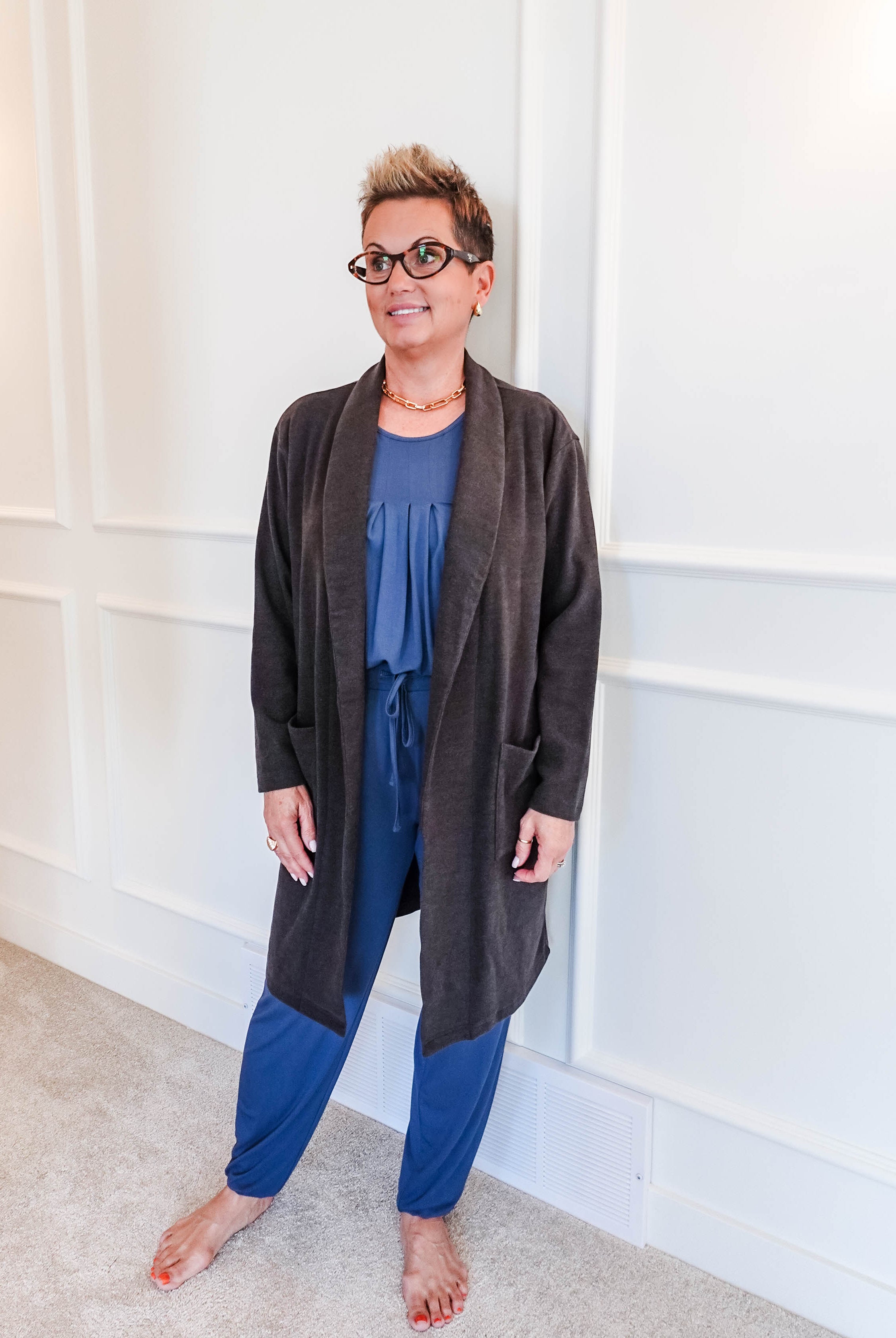 women's structured bamboo blend cardigan long with pockets and collar