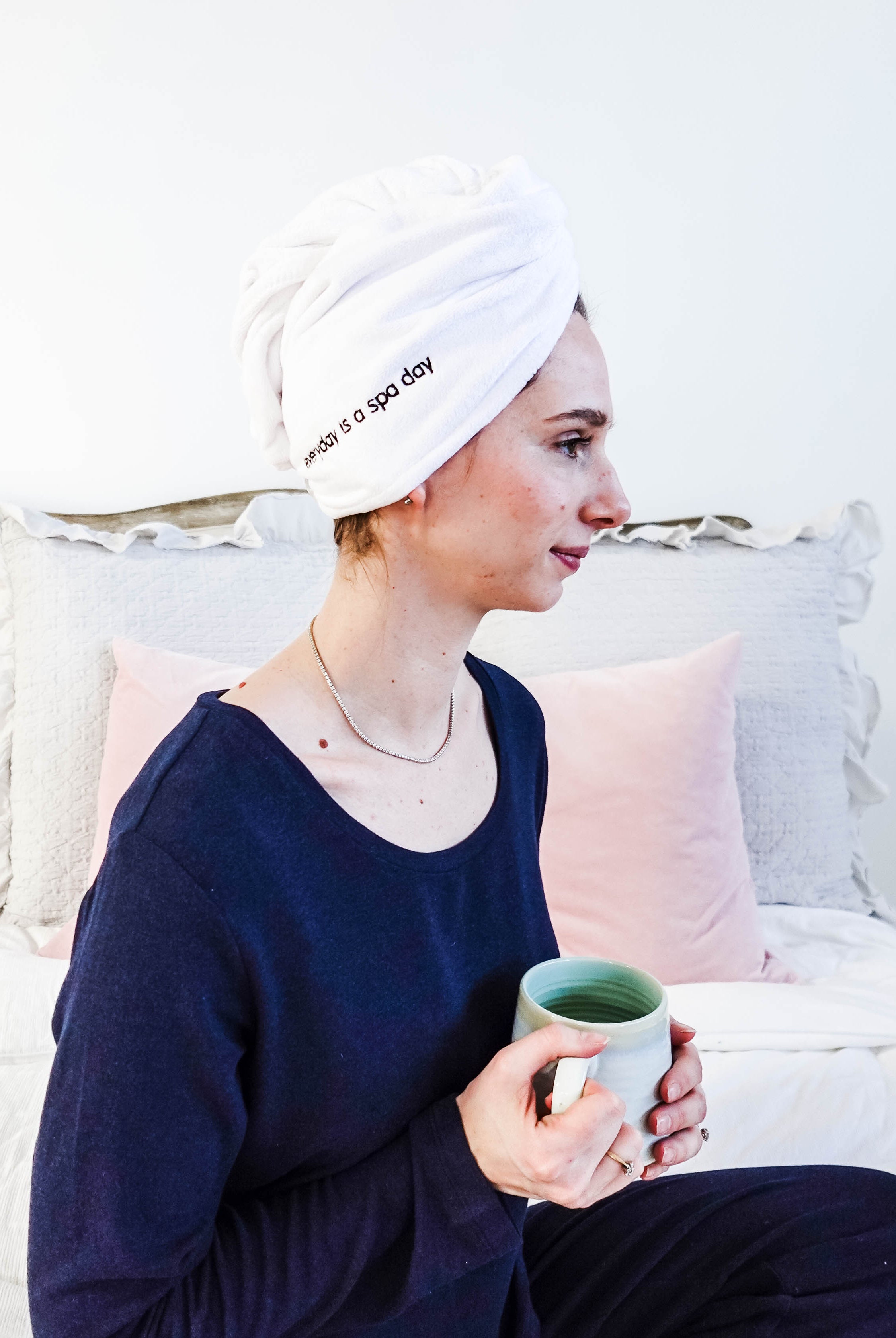 "Every Day is a Spa Day" Quick Dry Hair Towel Wrap model wearing hair wrap showing side