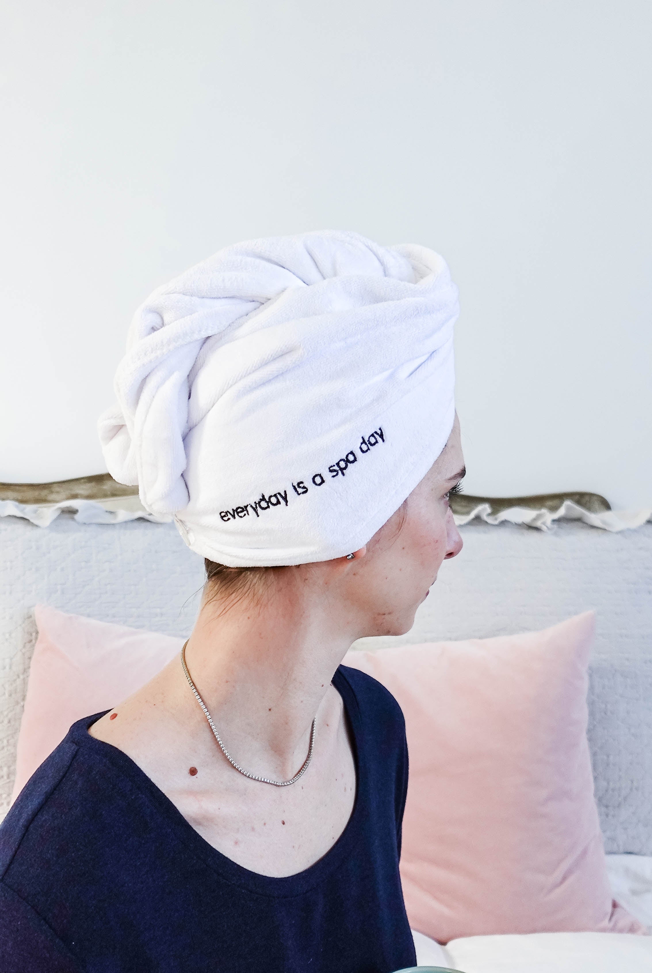 "Every Day is a Spa Day" Quick Dry Hair Towel Wrap model wearing hair wrap showing side and embroidery