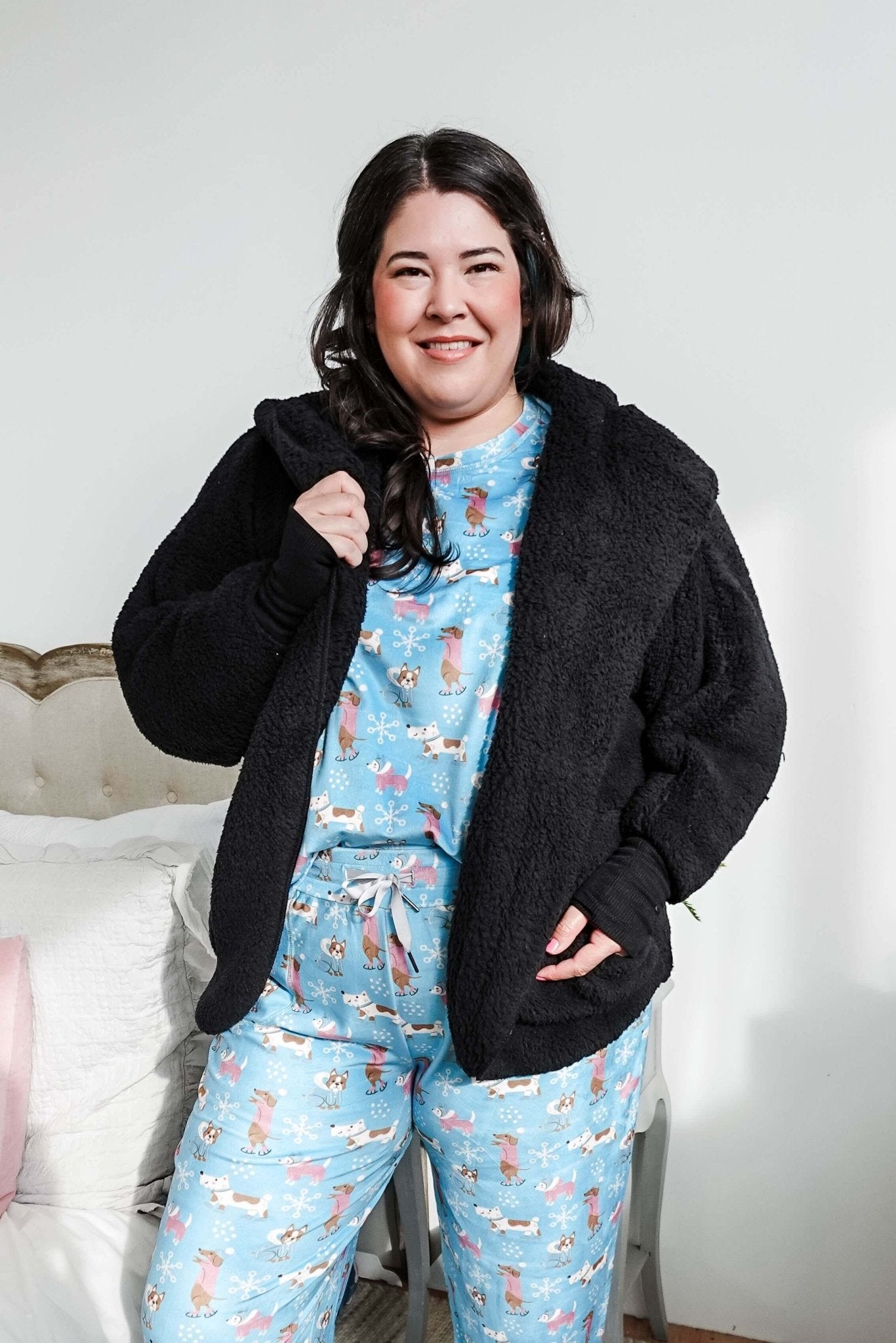 black Essential Hooded Fluffy Cozy Cardigan with Pockets