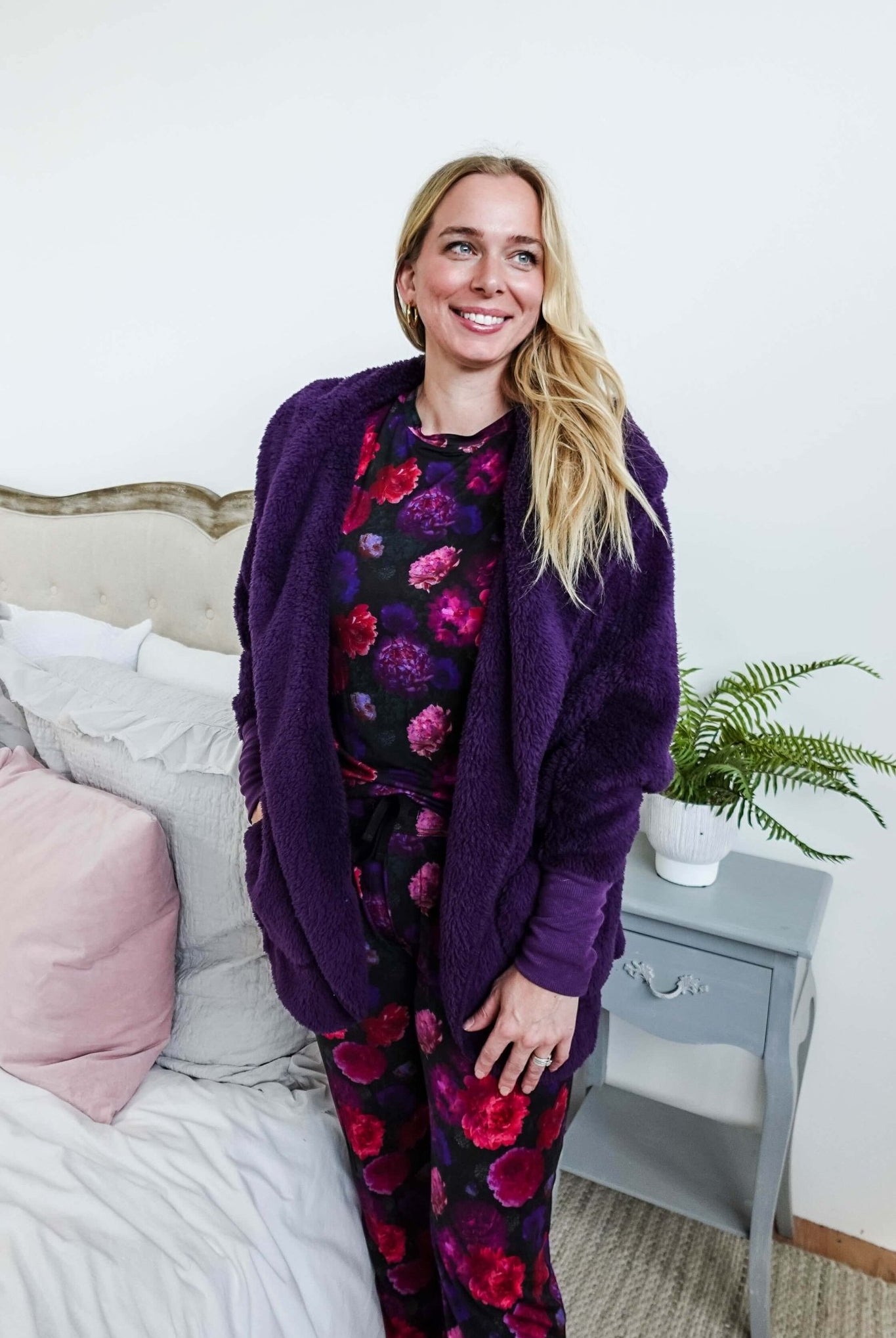 midnight grape purple Essential Hooded Fluffy Cozy Cardigan with Pockets