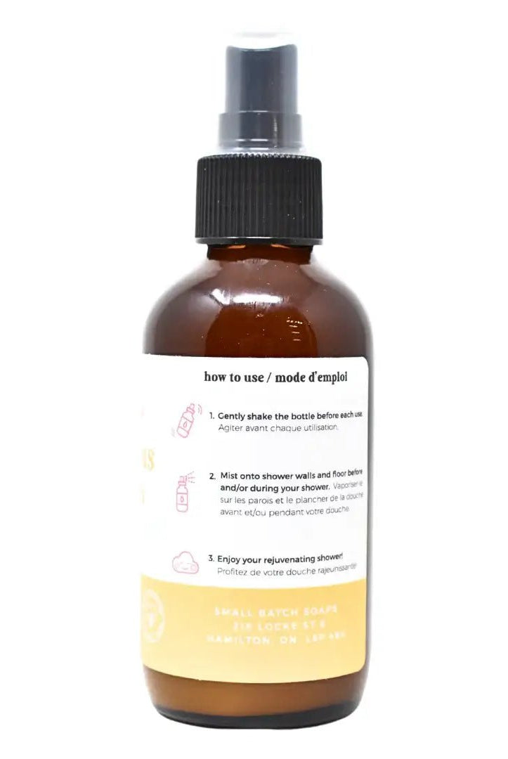Eucalyptus Citrus Shower Mist bottle with instructions for use, suitable for creating a spa-like shower experience.