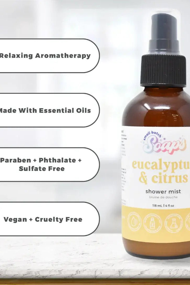Eucalyptus Citrus Shower Mist bottle showcasing relaxing aromatherapy benefits and essential oils.