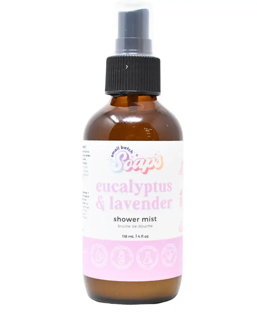 Eucalyptus Lavender Shower Mist bottle, calming essential oils for a spa-like shower experience.