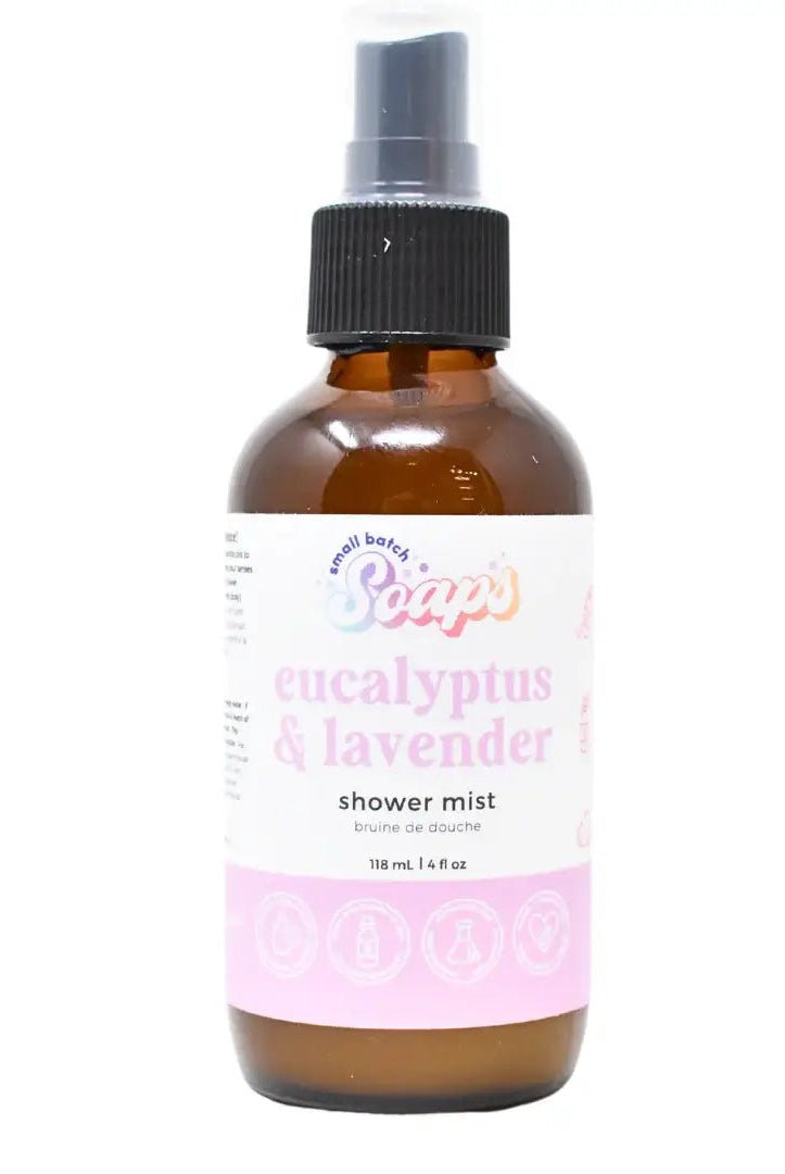 Eucalyptus Lavender Shower Mist bottle, calming essential oils for a spa-like shower experience.