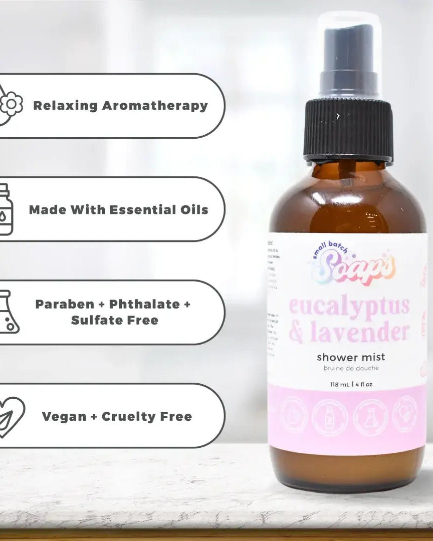 Eucalyptus Lavender Shower Mist bottle showcasing relaxing aromatherapy and essential oils benefits, 118 ml size.