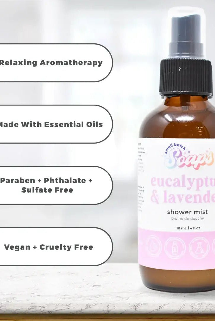 Eucalyptus Lavender Shower Mist bottle showcasing relaxing aromatherapy and essential oils benefits, 118 ml size.