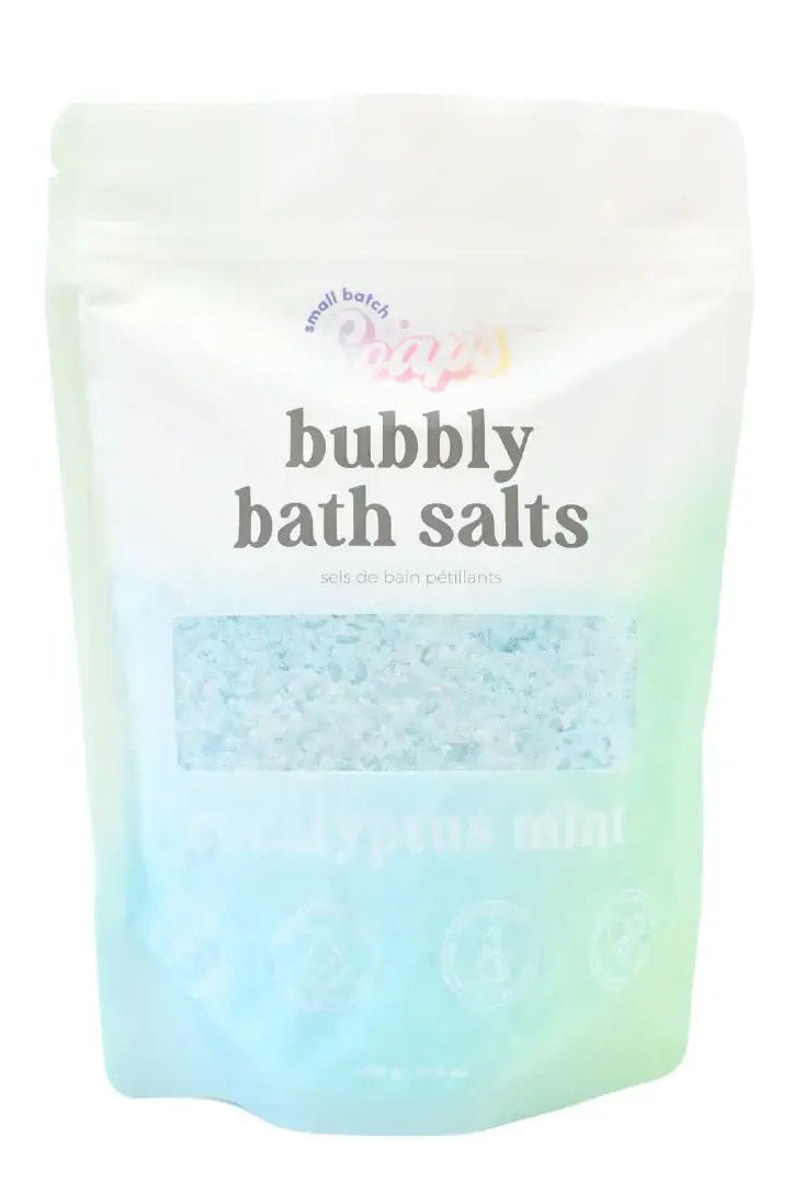 Eucalyptus Mint Bubbly Bath Salts Mini Bag 120g packaging with light colors and bubble salt texture