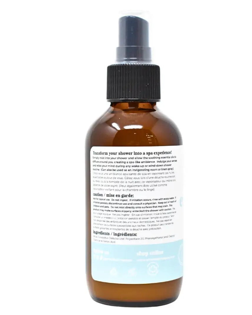 Eucalyptus Shower Mist bottle designed to transform your shower into a spa experience with soothing essential oils.