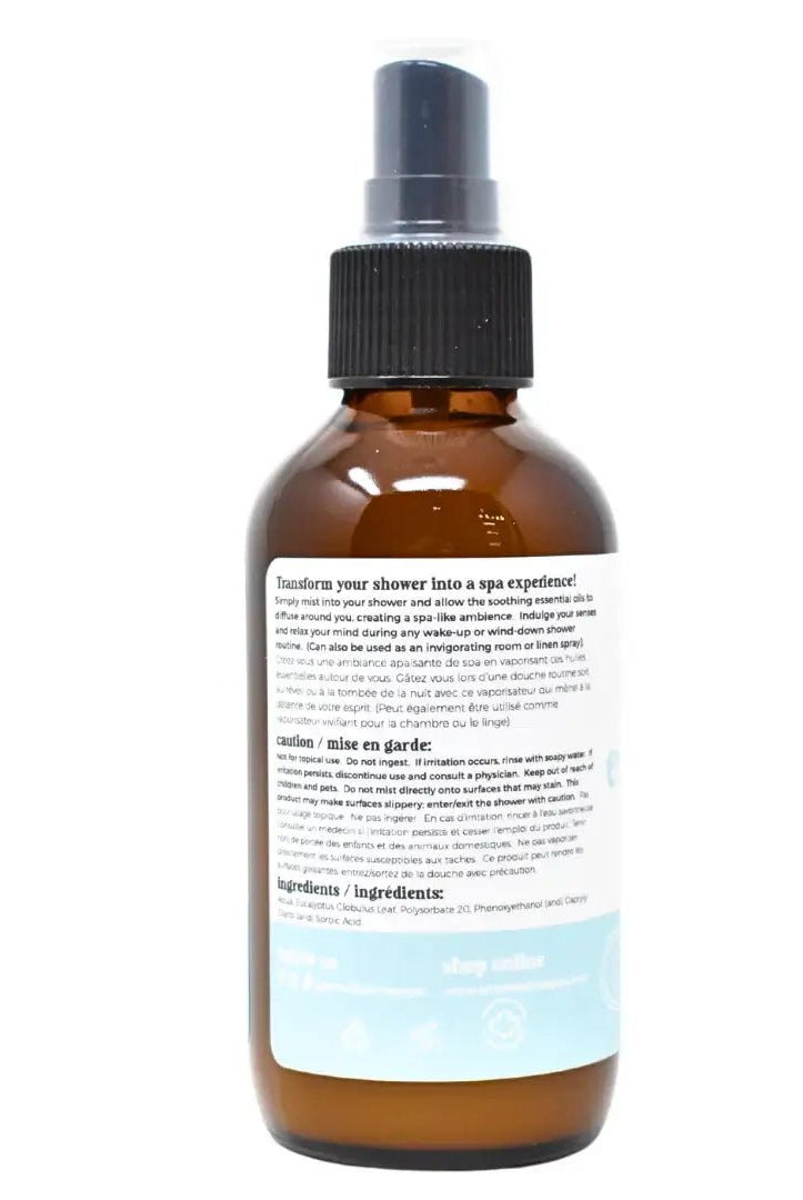 Eucalyptus Shower Mist bottle designed to transform your shower into a spa experience with soothing essential oils.