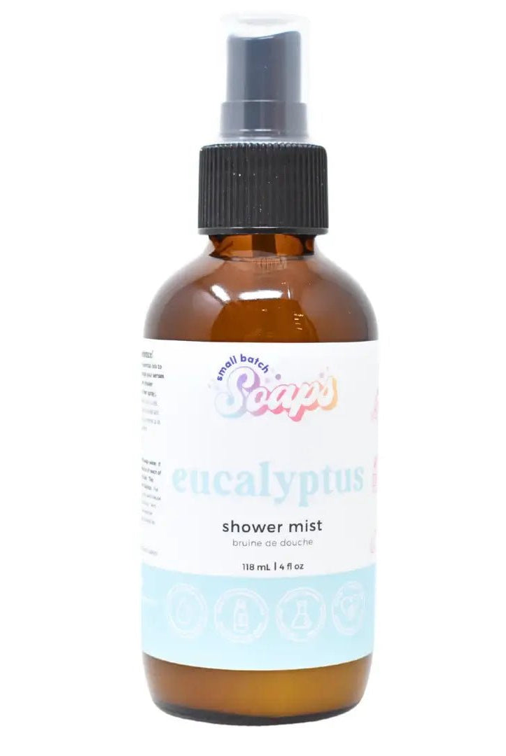 Eucalyptus Shower Mist bottle for a spa-like shower experience, soothing essential oils, 118ml size.