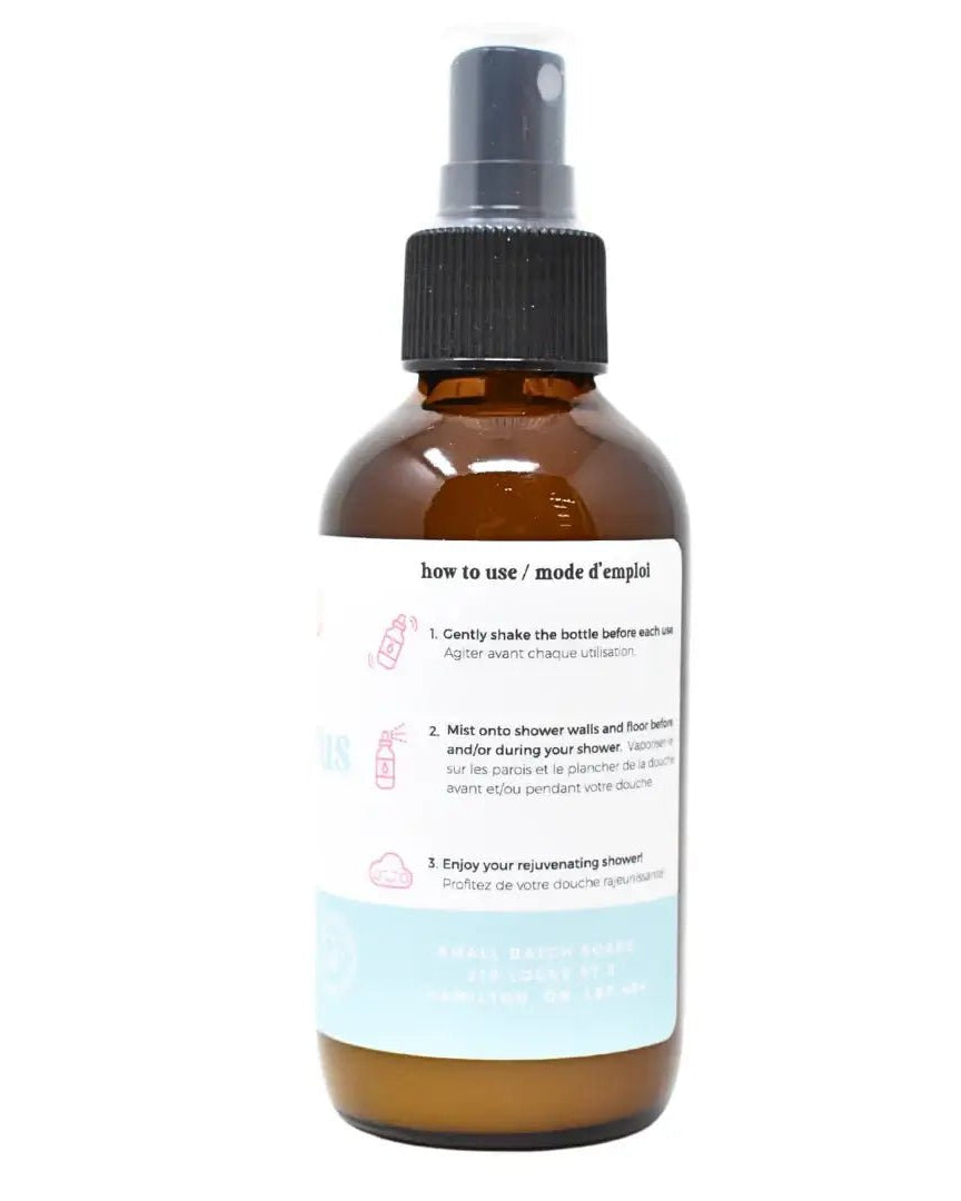 Eucalyptus Shower Mist 4 oz bottle with instructions for use, perfect for a spa-like shower experience.
