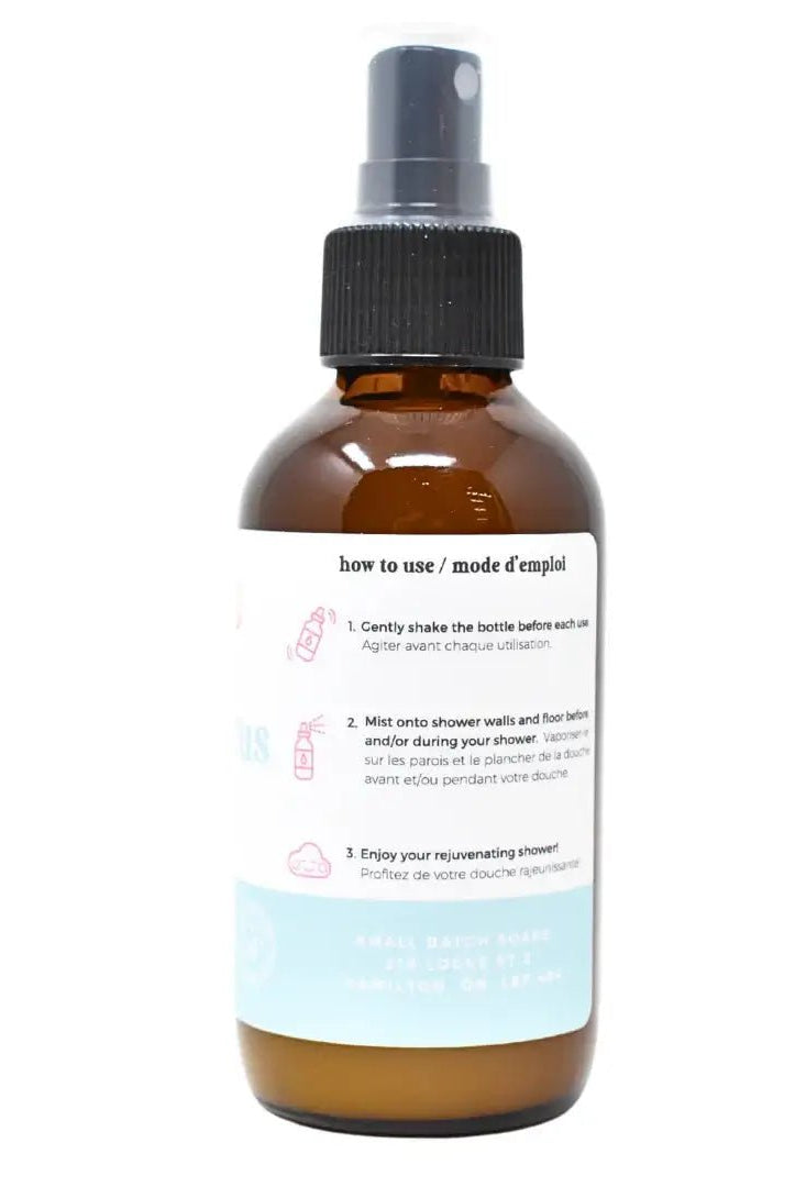 Eucalyptus Shower Mist 4 oz bottle with instructions for use, perfect for a spa-like shower experience.