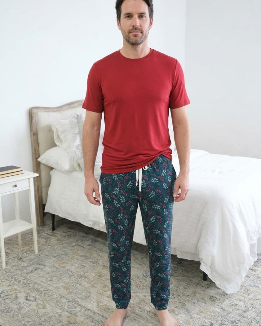 Bob's Sleepwear Co. Evergreen Dreams Bamboo Jogger Pant front view — Cloud Nine Pajamas Edmonton