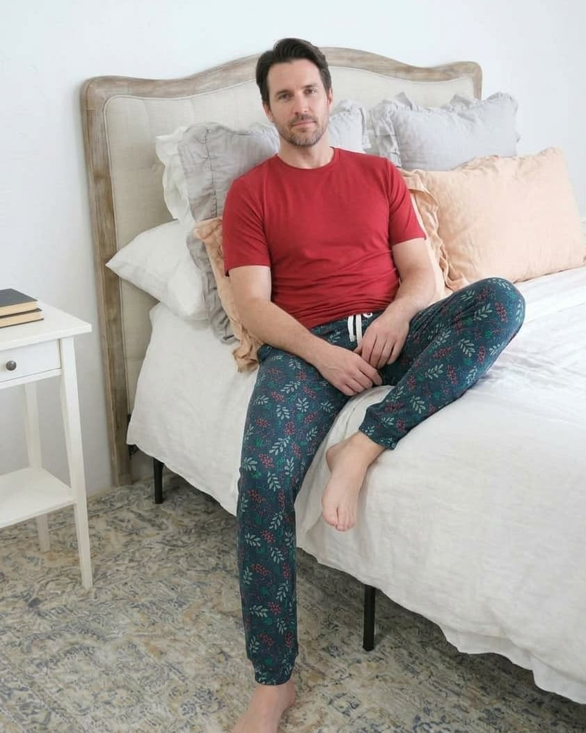 Bob's Sleepwear Co. Evergreen Dreams Bamboo Jogger Pant lifestyle on model — Cloud Nine Pajamas Edmonton