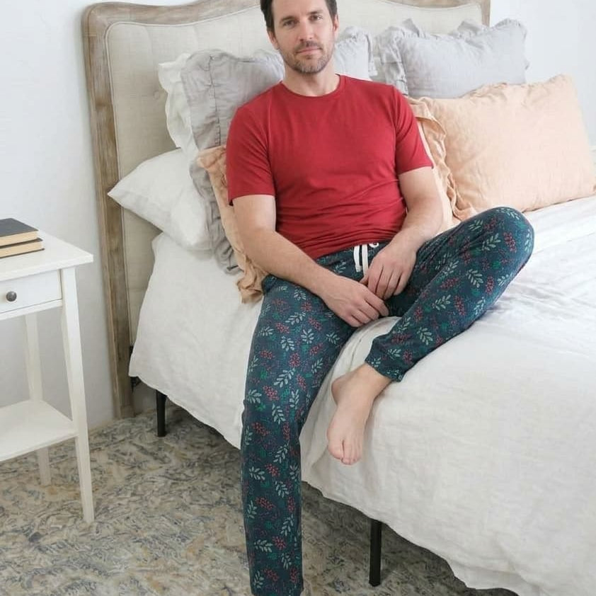 Bob's Sleepwear Co. Evergreen Dreams Bamboo Jogger Pant lifestyle on model — Cloud Nine Pajamas Edmonton