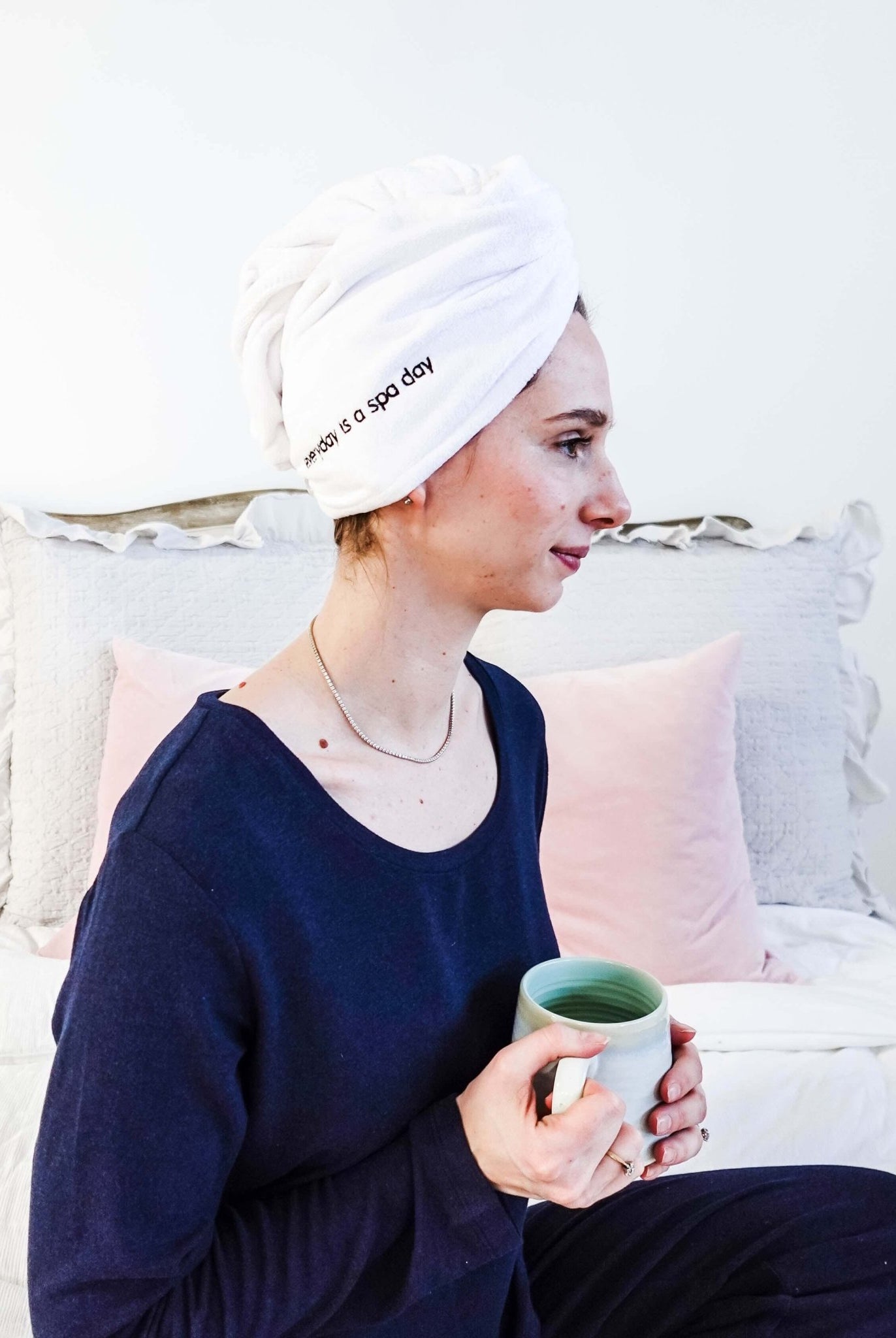 "Every Day is a Spa Day" Quick Dry Hair Towel Wrap model wearing hair wrap showing side
