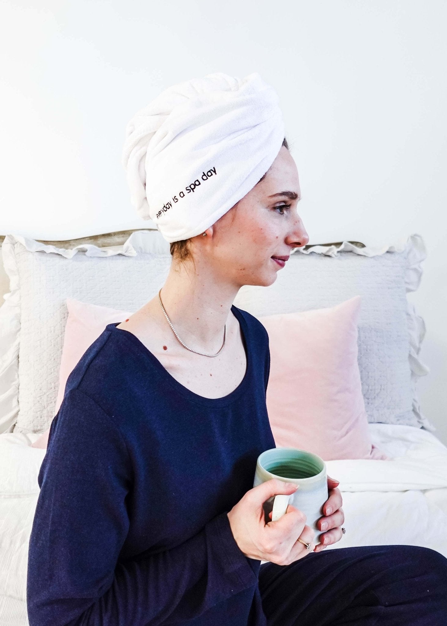 "Every Day is a Spa Day" Quick Dry Hair Towel Wrap model wearing hair wrap showing side