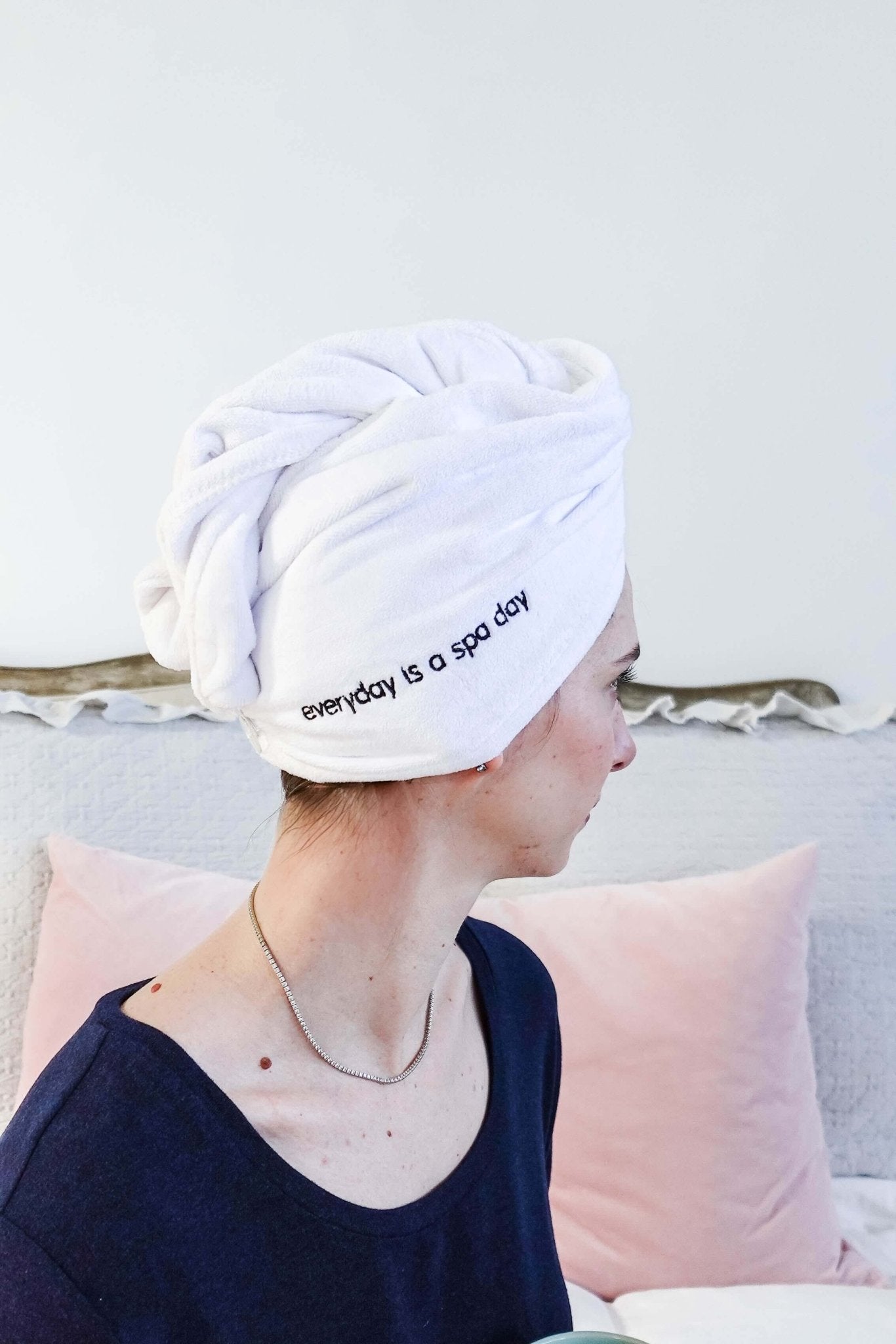 "Every Day is a Spa Day" Quick Dry Hair Towel Wrap model wearing hair wrap showing side and embroidery