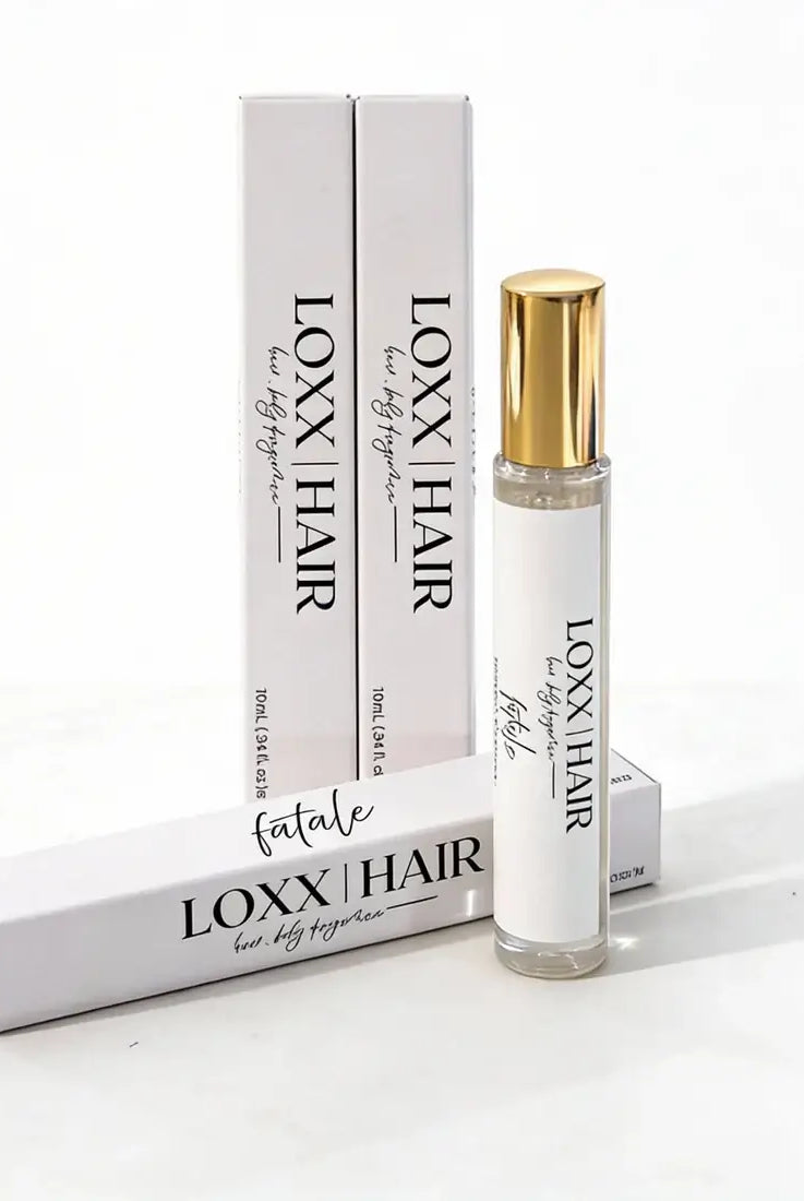 LOXX Fatale Hair & Body Fragrance – 10mL travel size bottle and packaging on display.