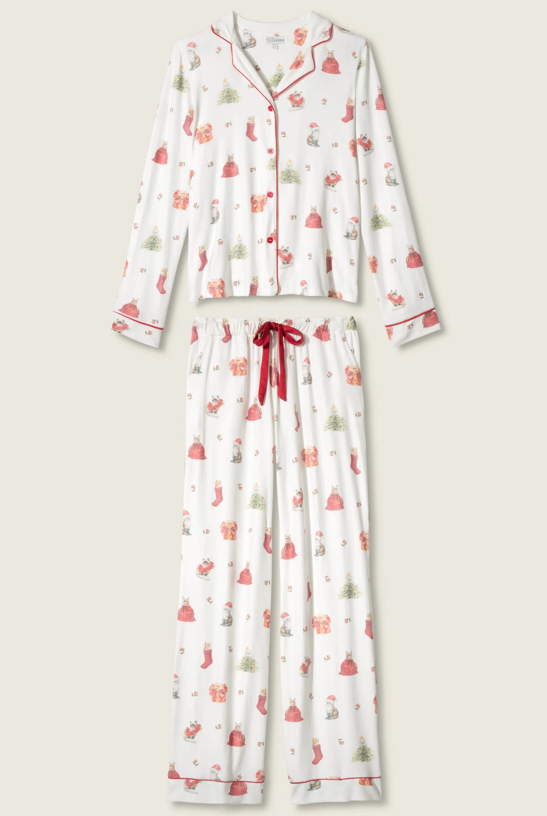 Feline Festive Cat Print PJ Set by PJ Salvage with cat and christmas bauble prints like presents, stockings and christmas trees on ivory background