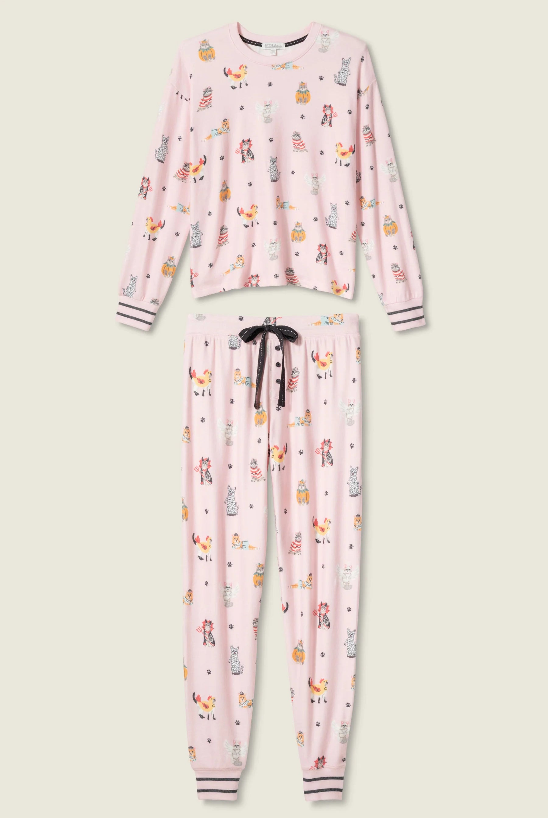 flat lay of Feline Spooky Halloween Cat Print Jogger PJ Set by PJ Salvage available in Canada