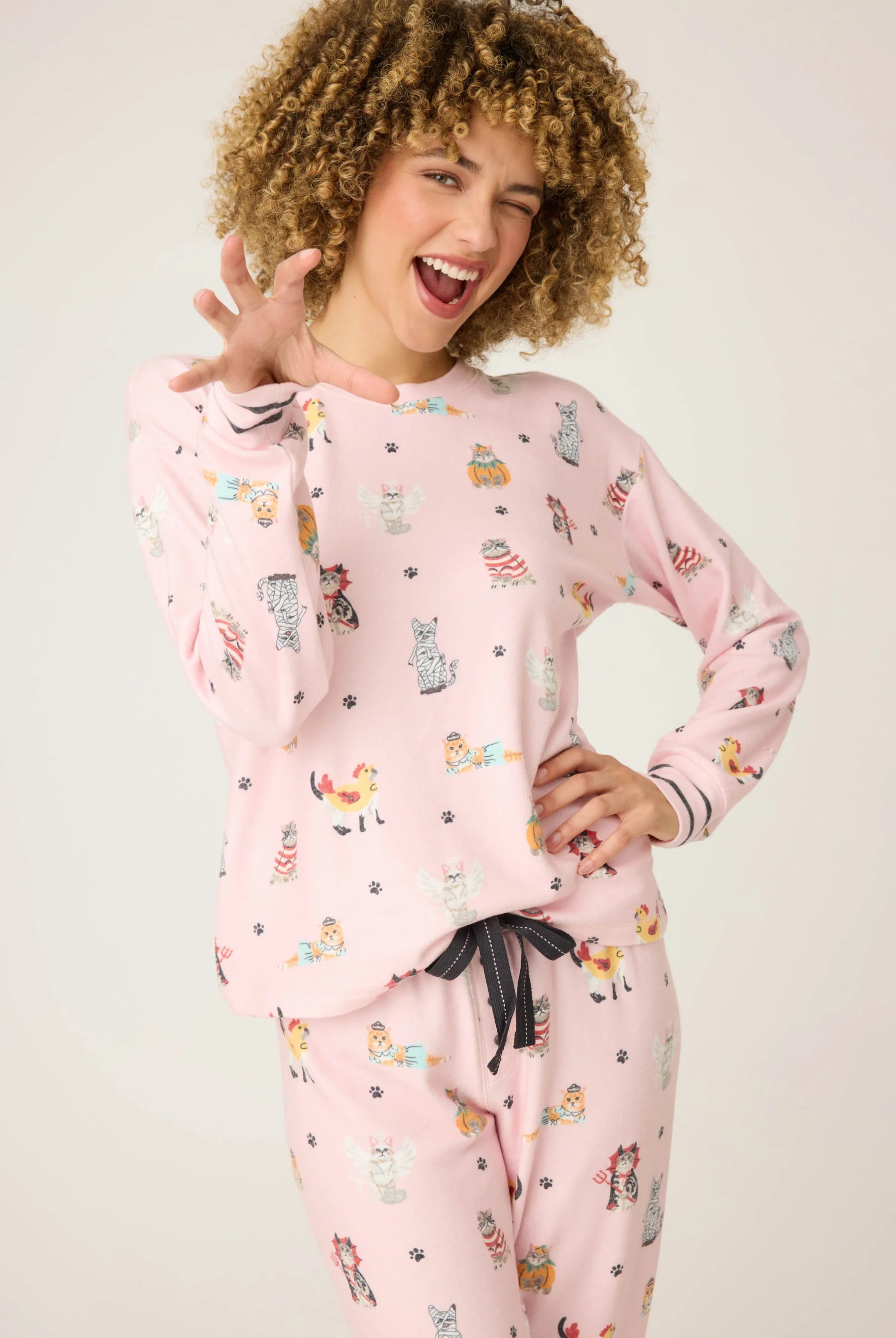 close up of Feline Spooky Halloween Cat Print Jogger PJ Set by PJ Salvage available in Canada