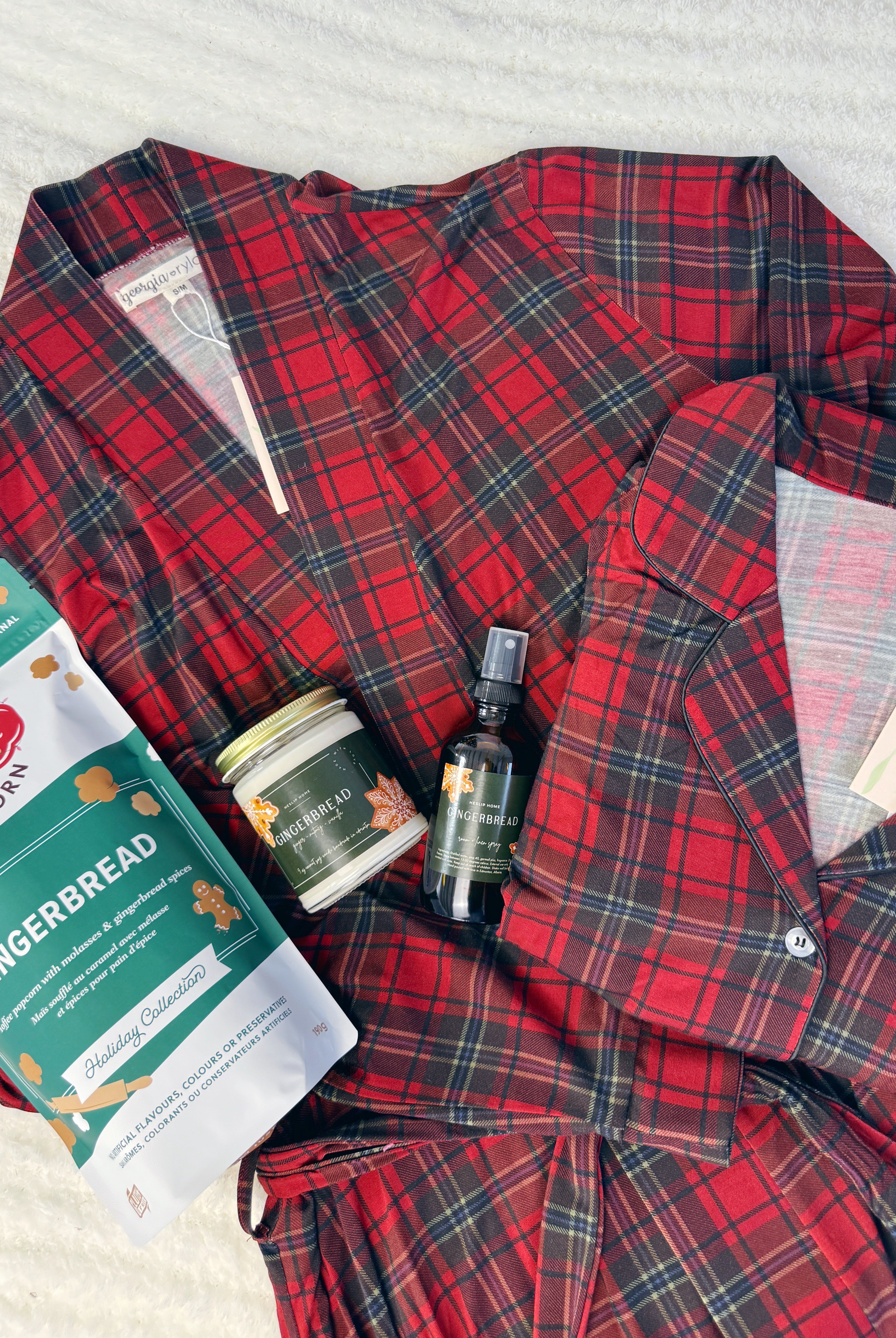 Festive Feeling Gift Set in Red Plaid robe & Pajamas with Gingerbread treats and Candle, One stope gift for Her, Mom, Sister, Wife