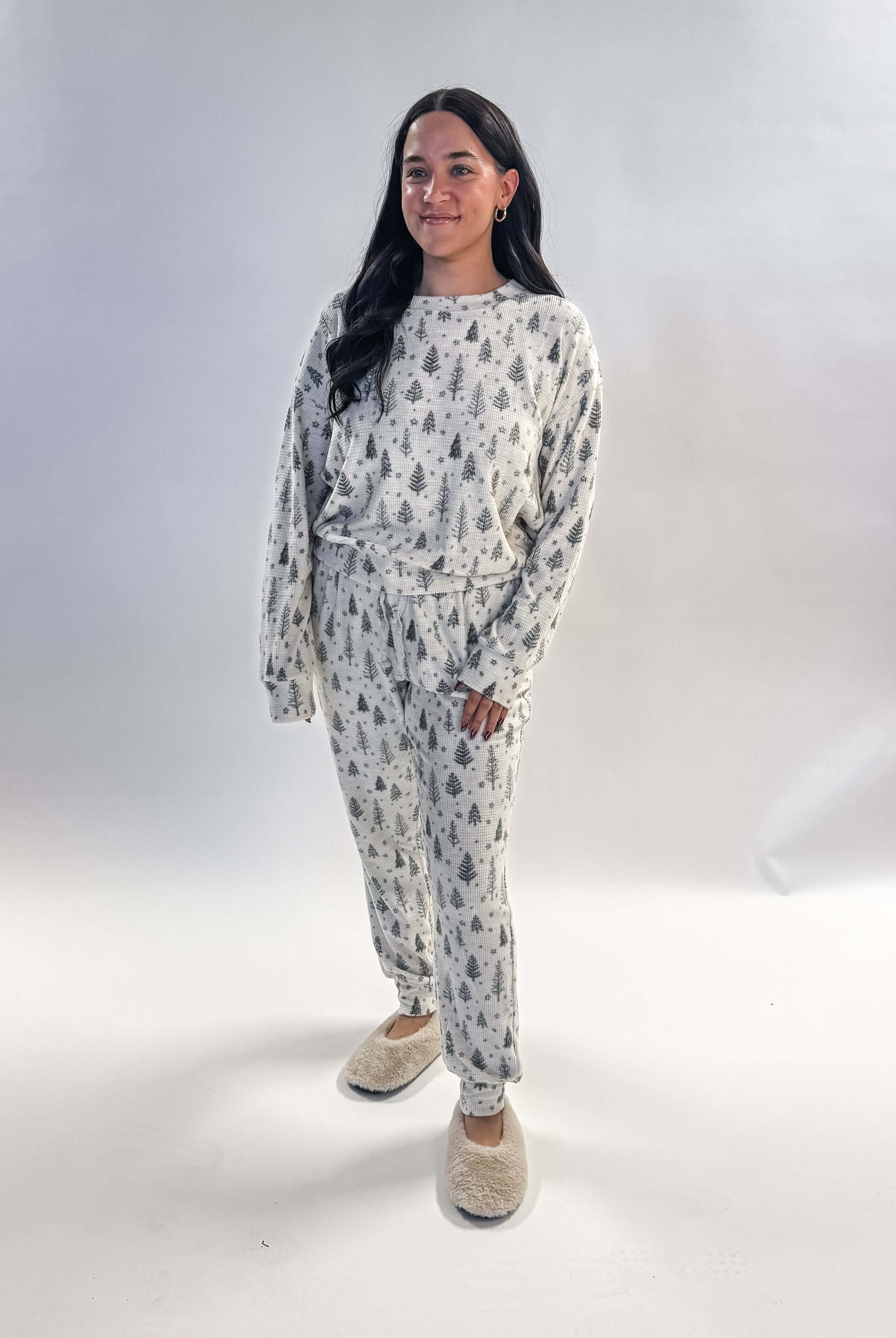 woman's holiday waffle knit pj set with thermal fabric and spruce tree print - Splendid