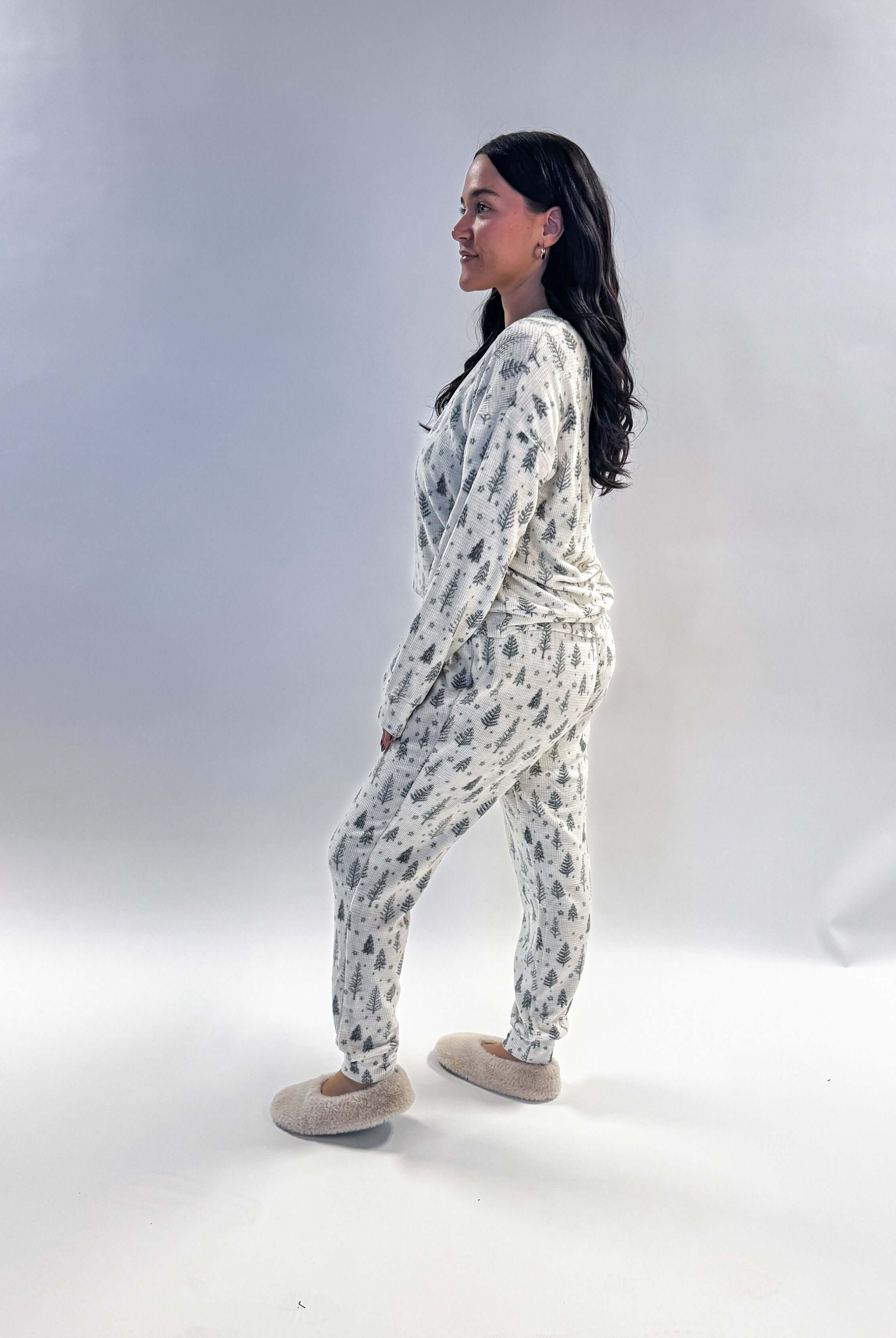 woman's holiday waffle knit pj set with thermal fabric and spruce tree print - Splendid