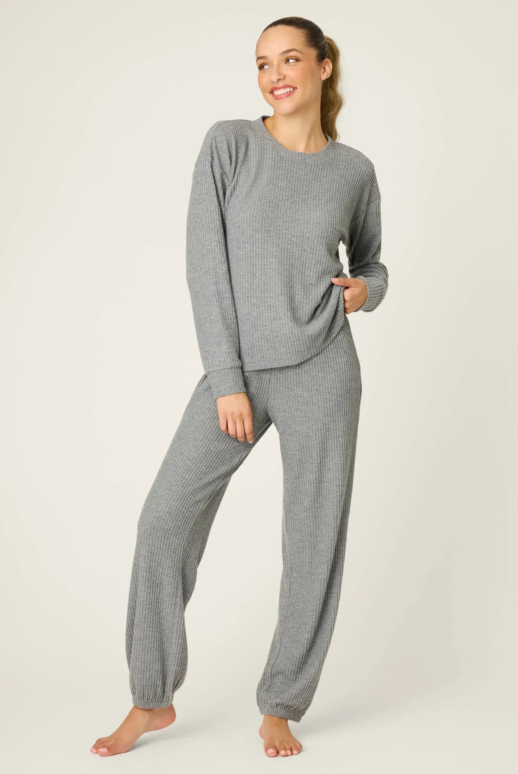 Charcoal Fireside Sparkle Brushed Thermal PJ Set | Long Sleeve Top & Jogger Pants | PJ Salvage