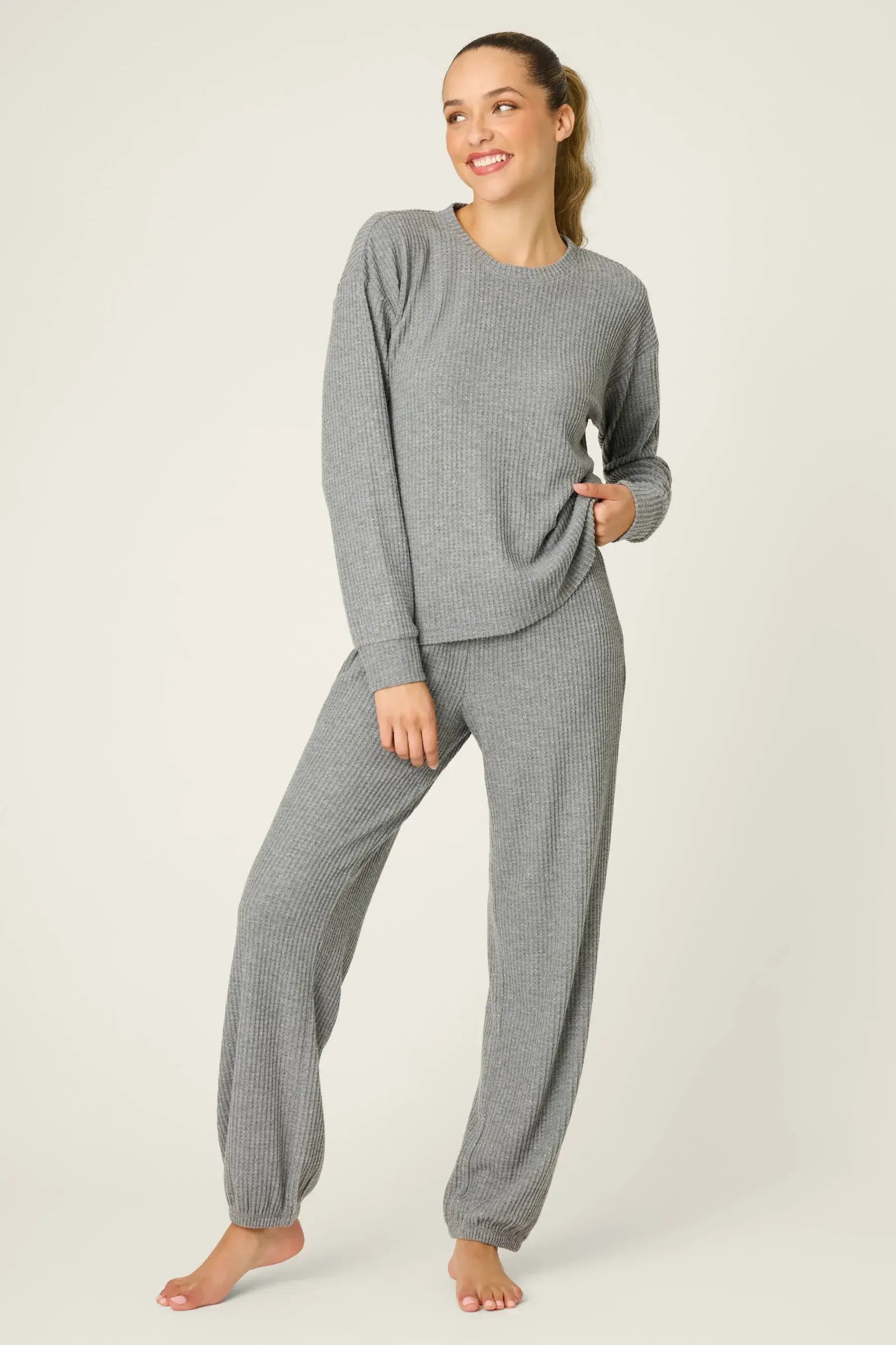 Charcoal Fireside Sparkle Brushed Thermal PJ Set | Long Sleeve Top & Jogger Pants | PJ Salvage