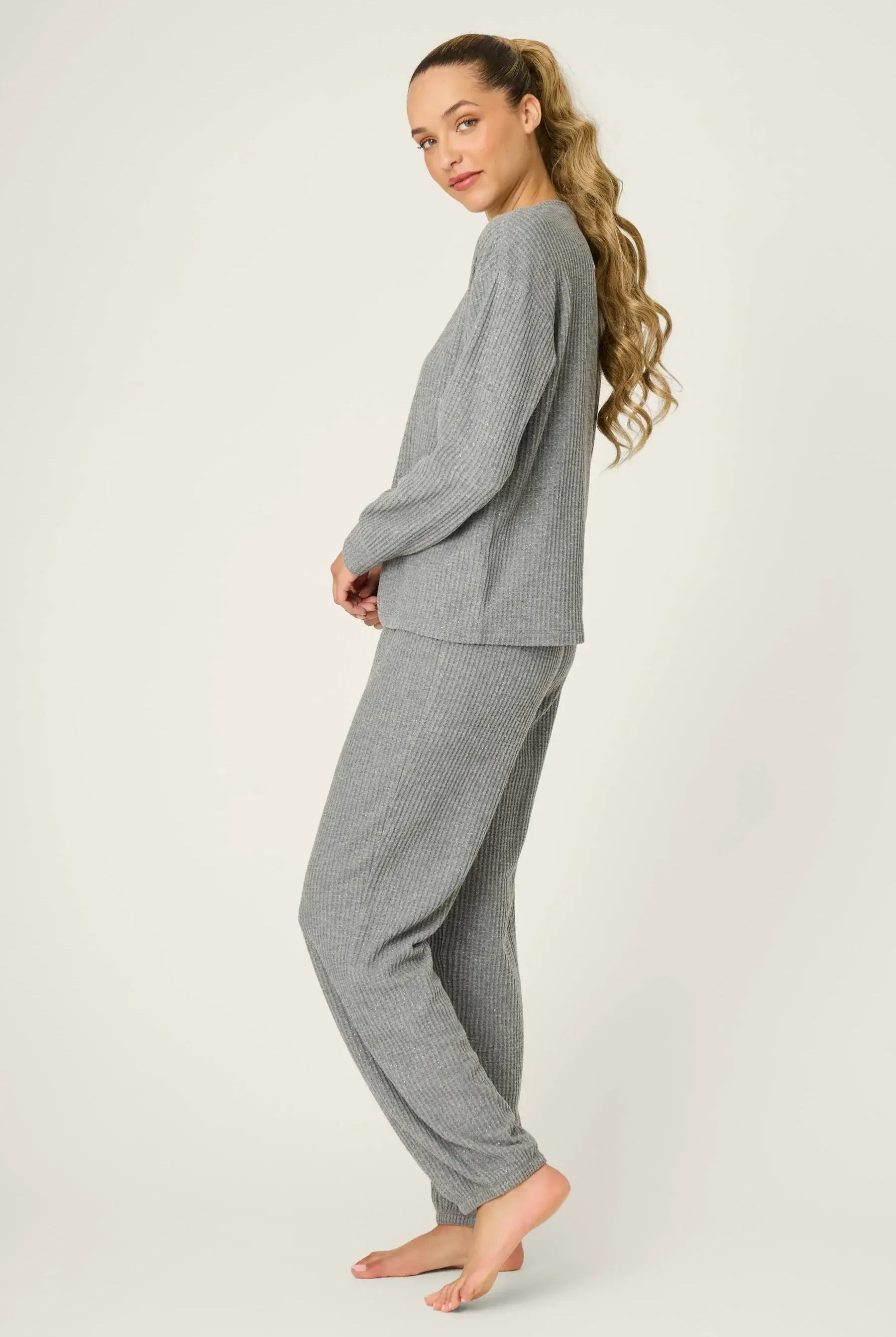 Charcoal Fireside Sparkle Brushed Thermal PJ Set | Long Sleeve Top & Jogger Pants | PJ Salvage